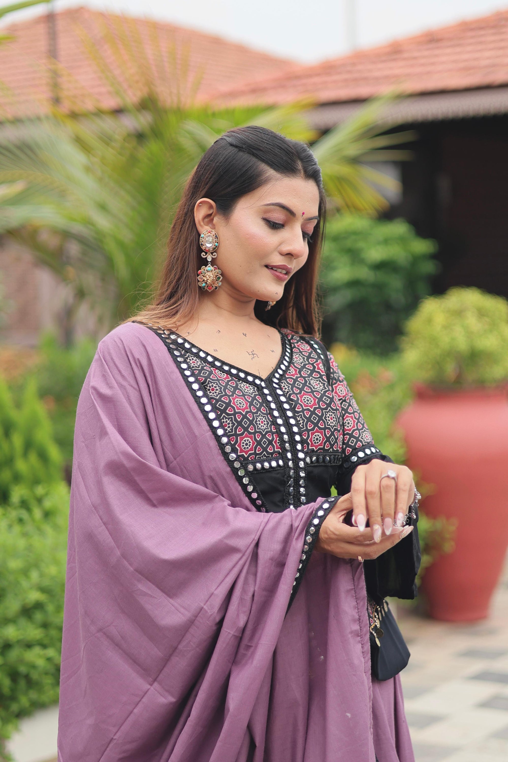 Violet Navratri Special Pure Cotton Ajarakh Work Lehenga Choli