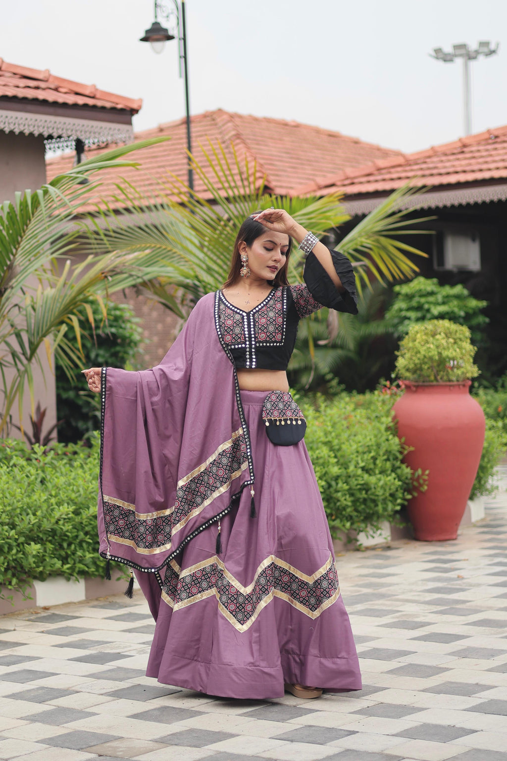Violet Navratri Special Pure Cotton Ajarakh Work Lehenga Choli