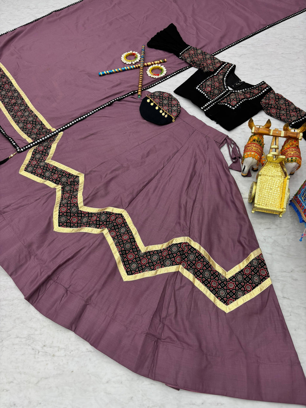 Violet Navratri Special Pure Cotton Ajarakh Work Lehenga Choli