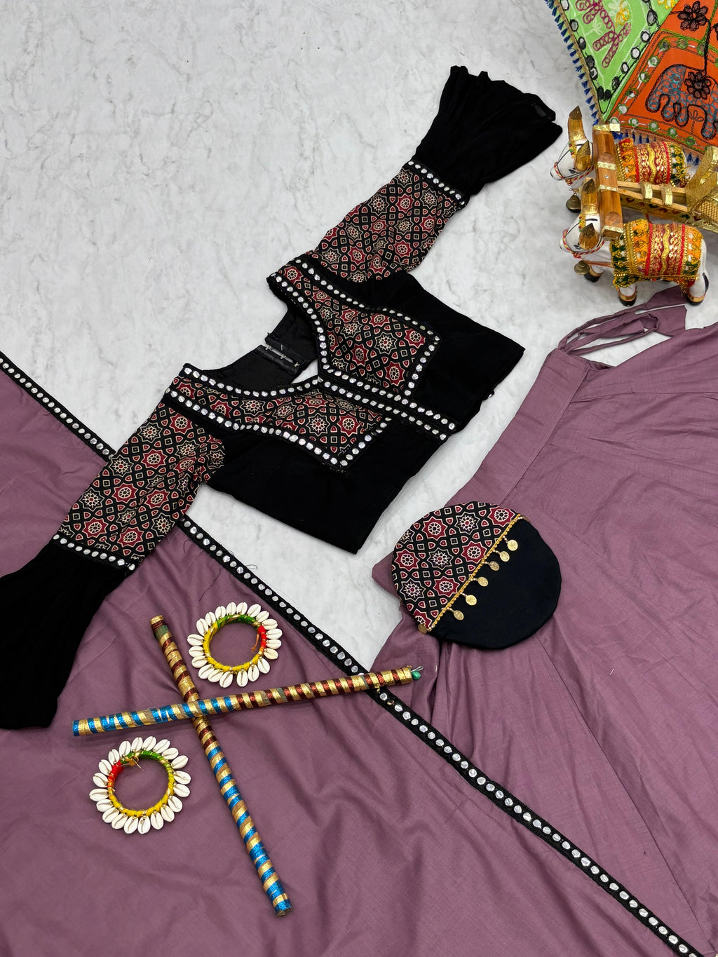 Violet Navratri Special Pure Cotton Ajarakh Work Lehenga Choli