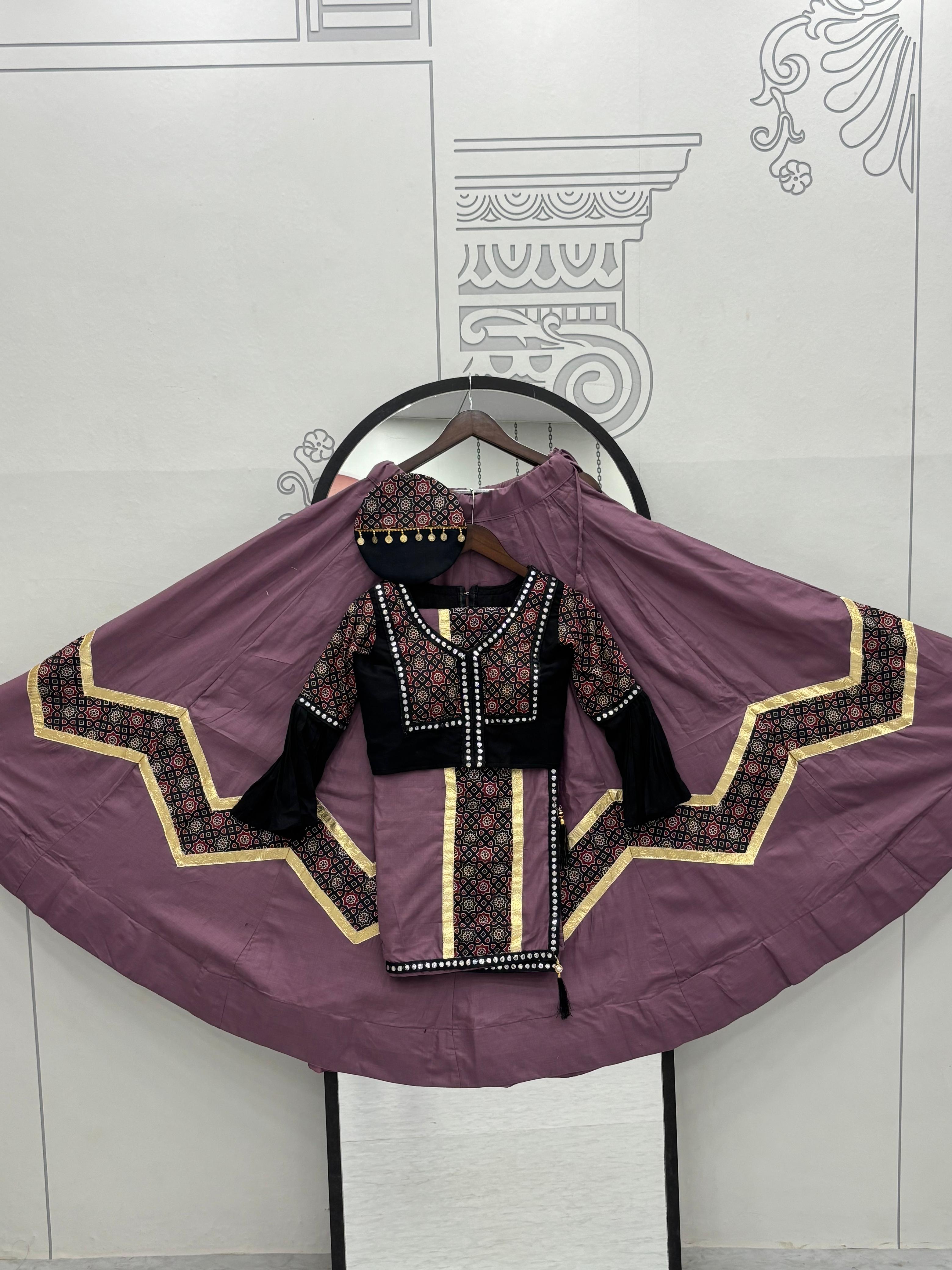 Violet Navratri Special Pure Cotton Ajarakh Work Lehenga Choli