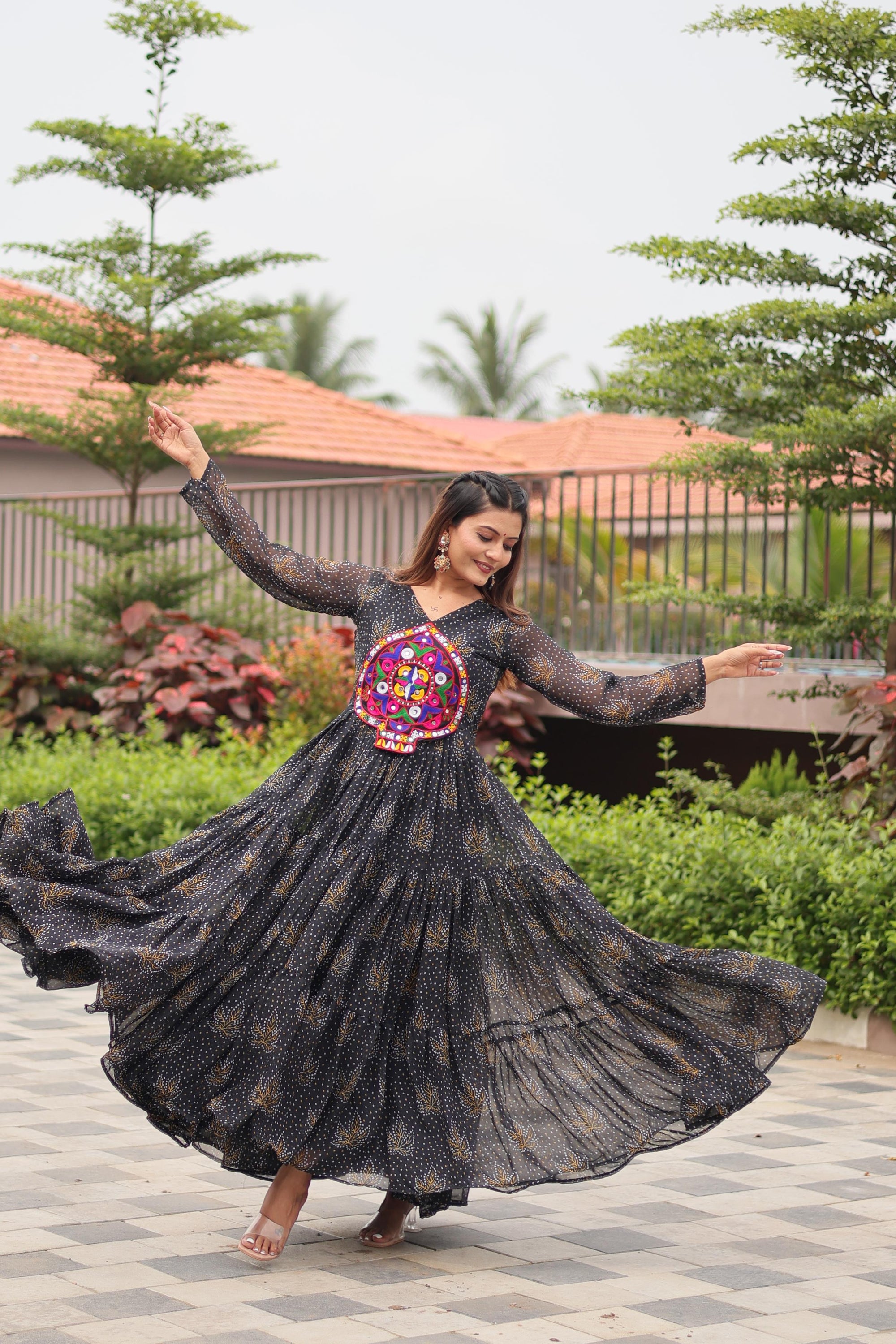 Black Navratri Gown Faux Georgette with Heavy Gamathi Mirror Work Dandiya Nights