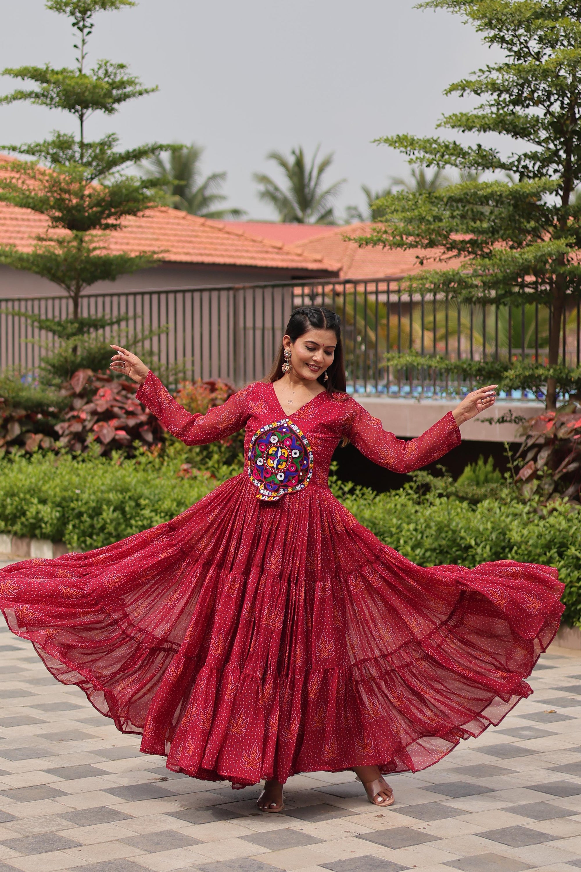 Red Navratri Gown Faux Georgette with Heavy Gamathi Mirror Work Dandiya Nights