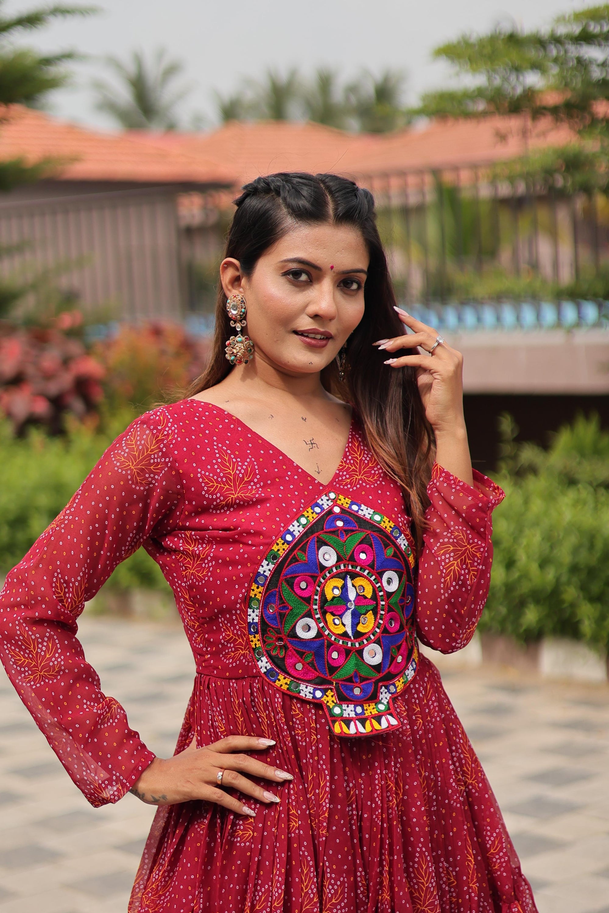 Red Navratri Gown Faux Georgette with Heavy Gamathi Mirror Work Dandiya Nights