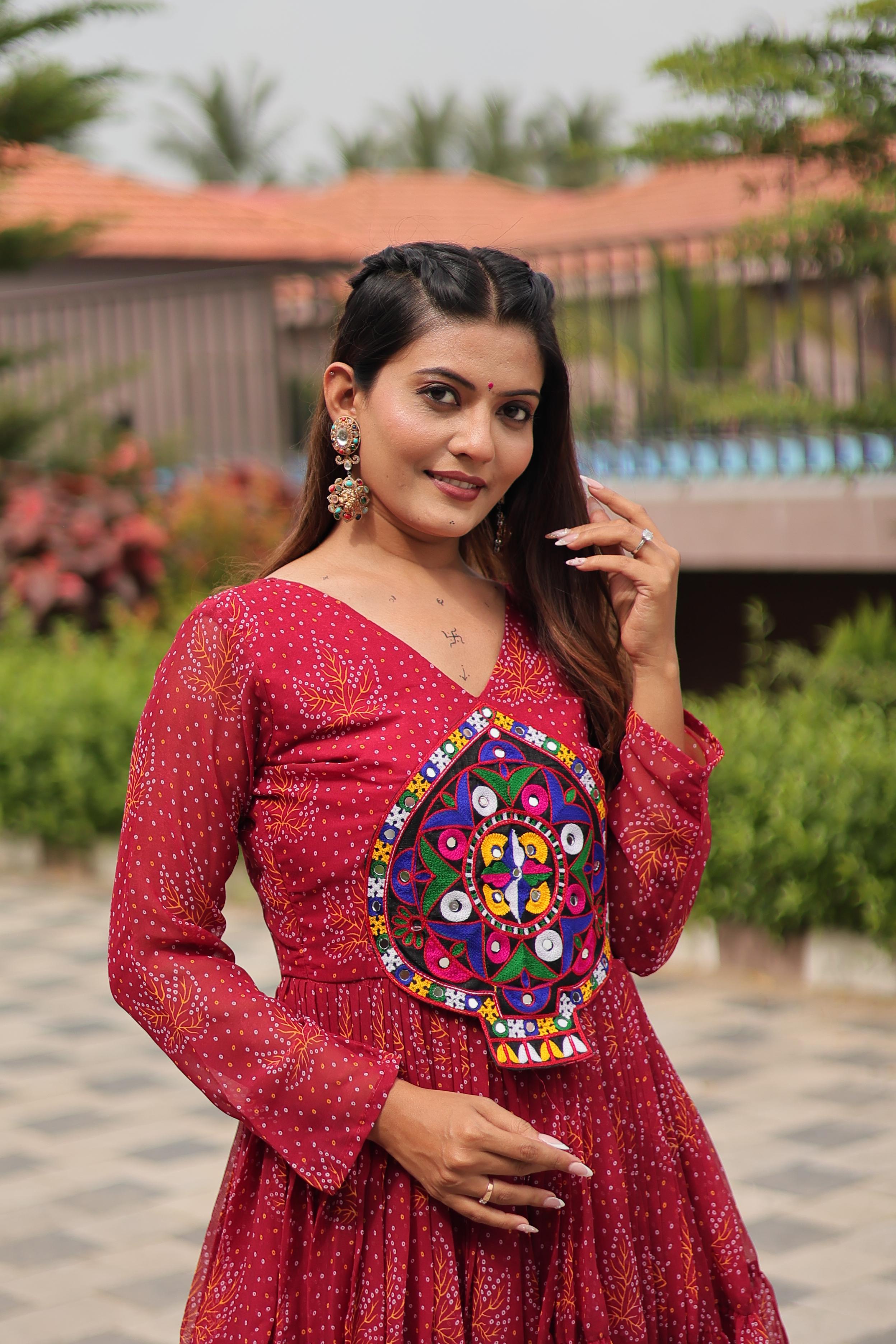 Red Navratri Gown Faux Georgette with Heavy Gamathi Mirror Work Dandiya Nights