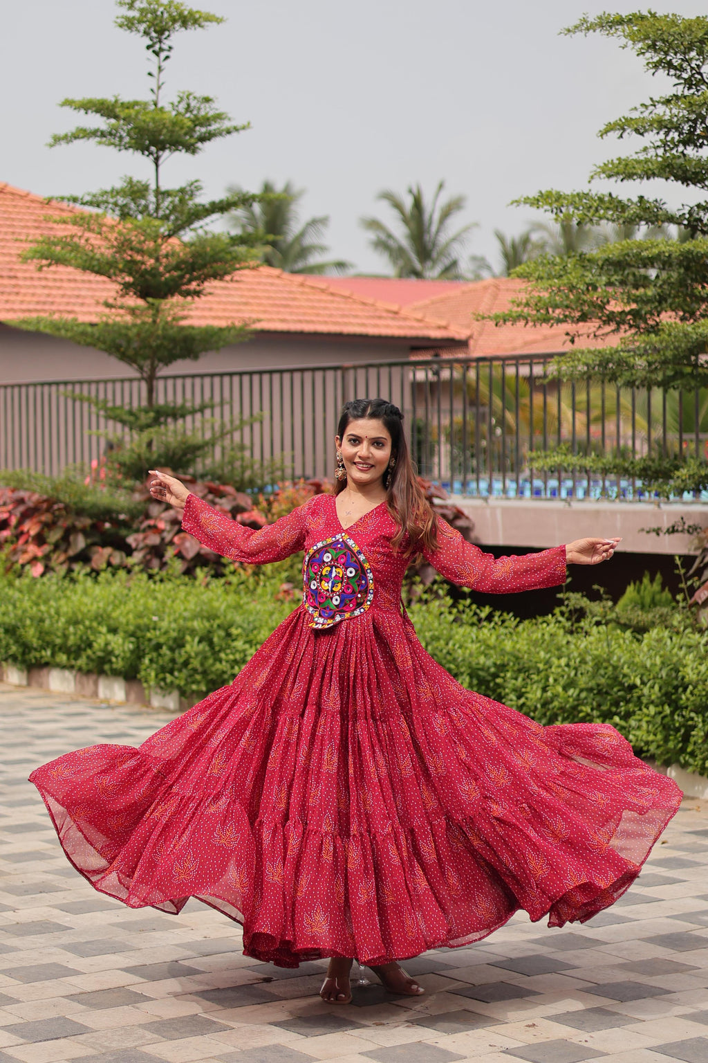 Red Navratri Gown Faux Georgette with Heavy Gamathi Mirror Work Dandiya Nights