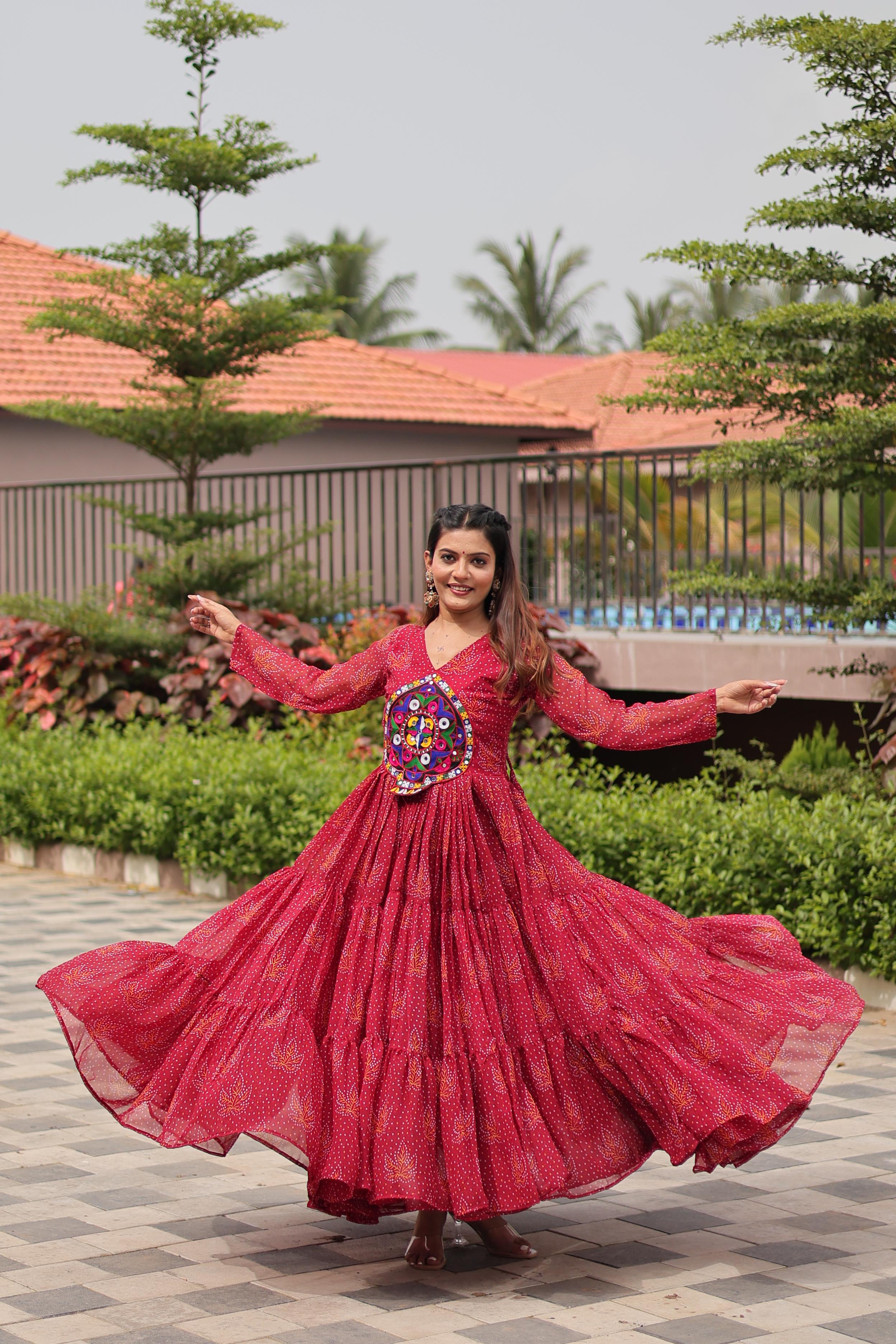 Red Navratri Gown Faux Georgette with Heavy Gamathi Mirror Work Dandiya Nights