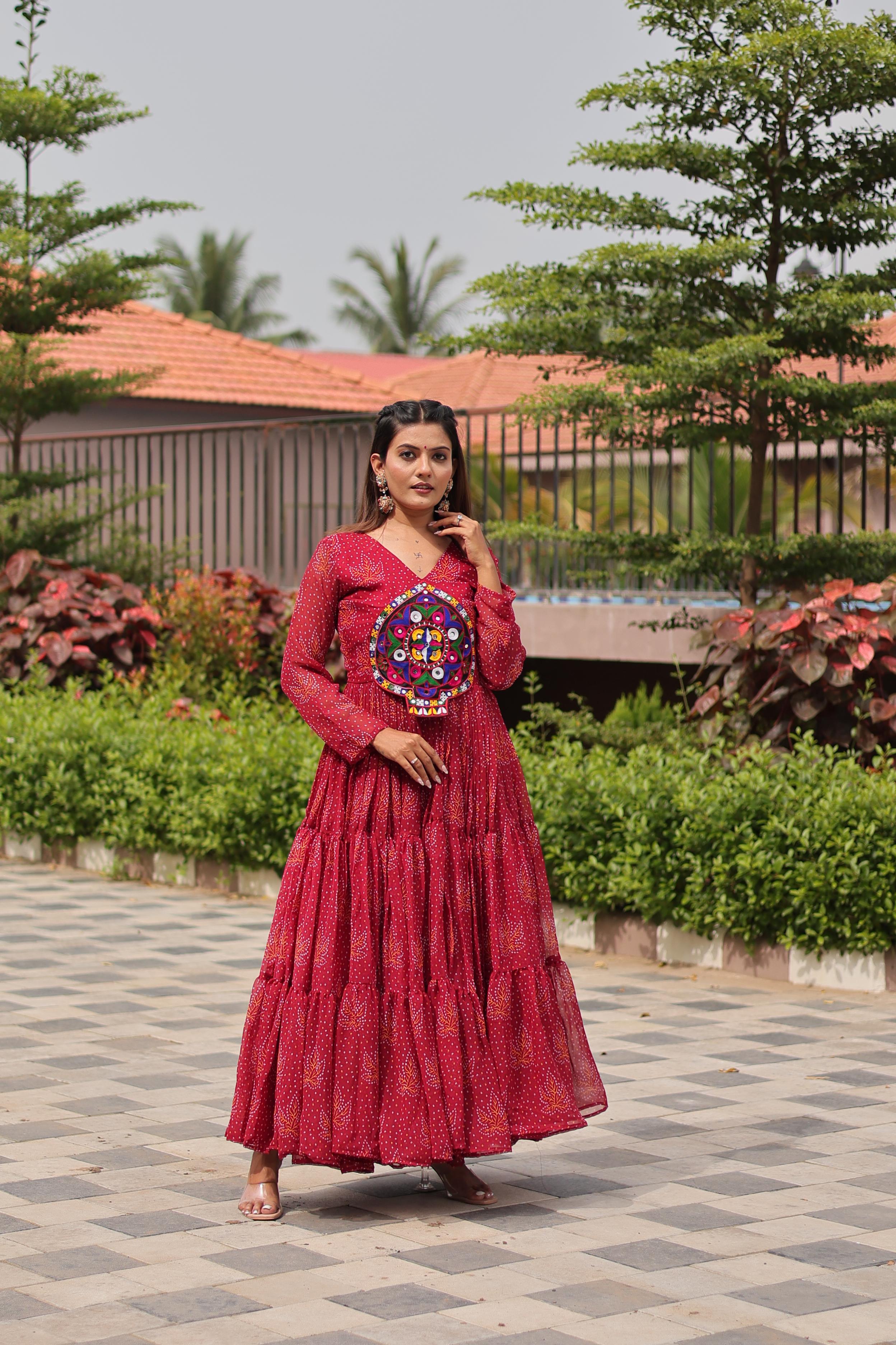 Red Navratri Gown Faux Georgette with Heavy Gamathi Mirror Work Dandiya Nights