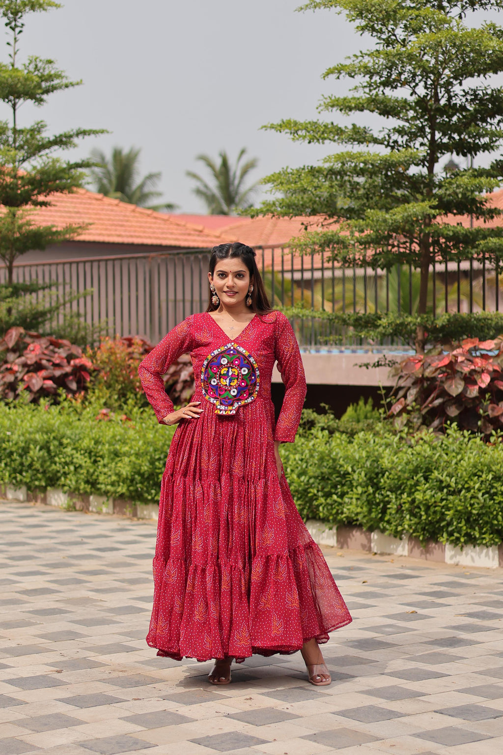Red Navratri Gown Faux Georgette with Heavy Gamathi Mirror Work Dandiya Nights