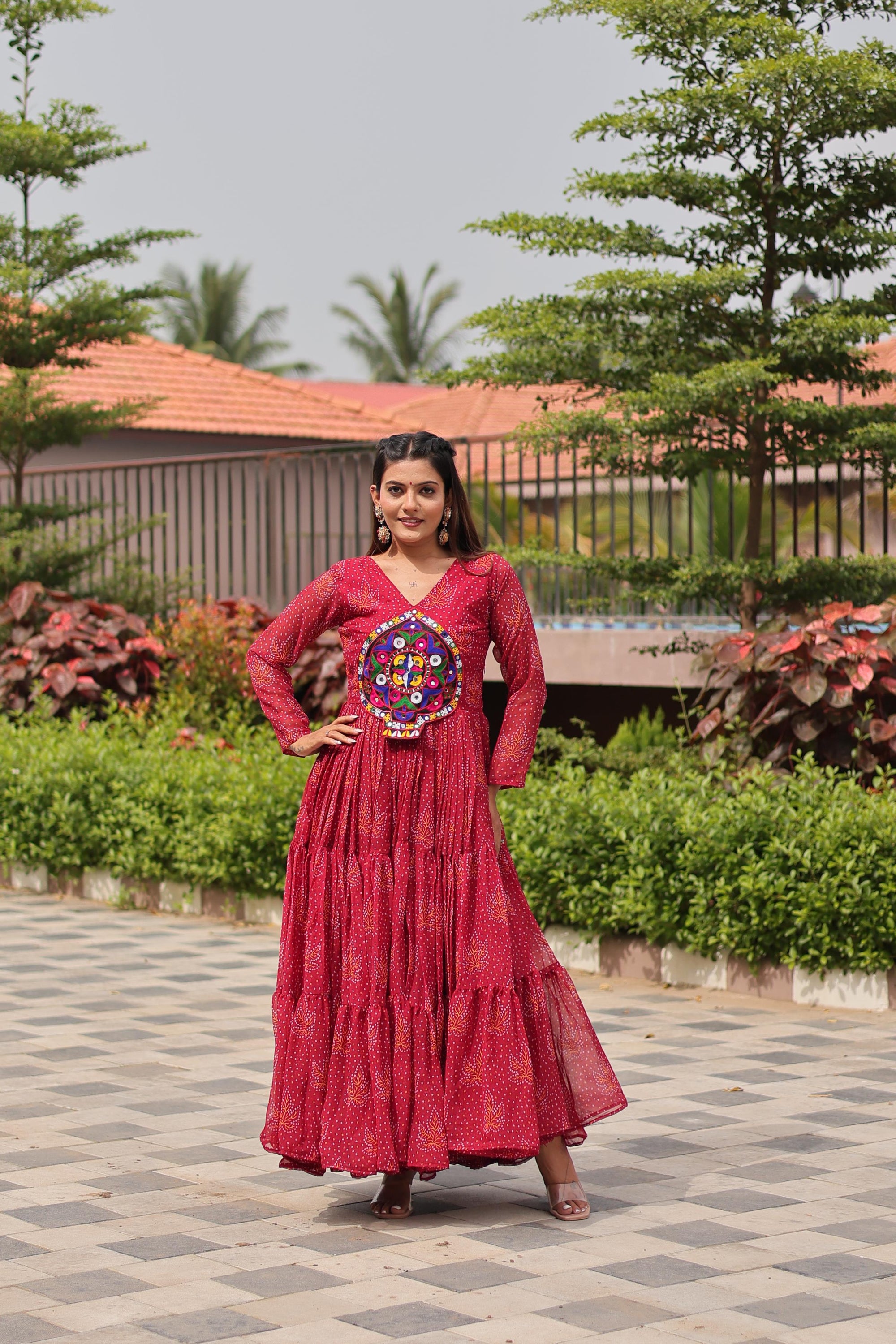 Red Navratri Gown Faux Georgette with Heavy Gamathi Mirror Work Dandiya Nights