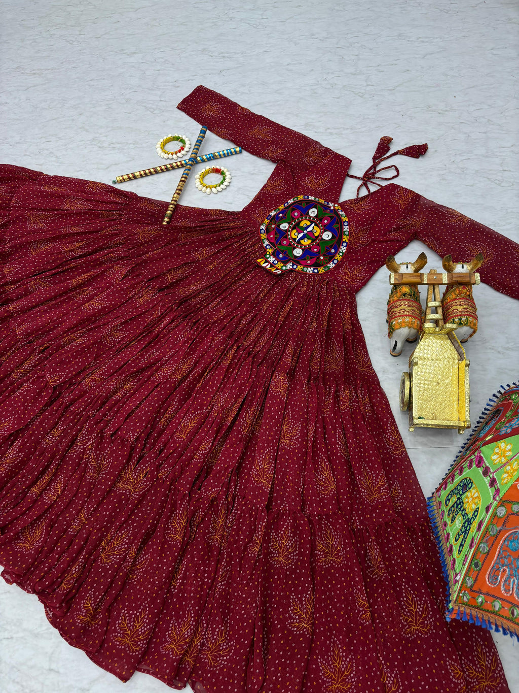 Red Navratri Gown Faux Georgette with Heavy Gamathi Mirror Work Dandiya Nights