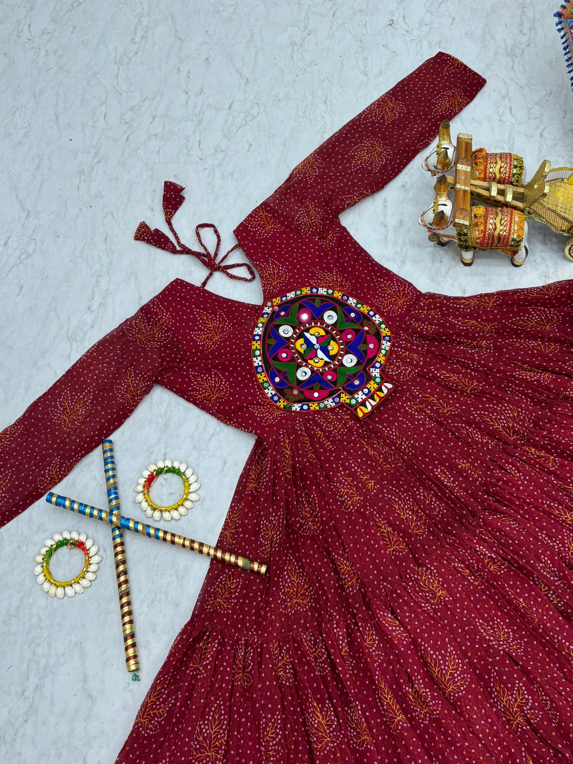 Red Navratri Gown Faux Georgette with Heavy Gamathi Mirror Work Dandiya Nights