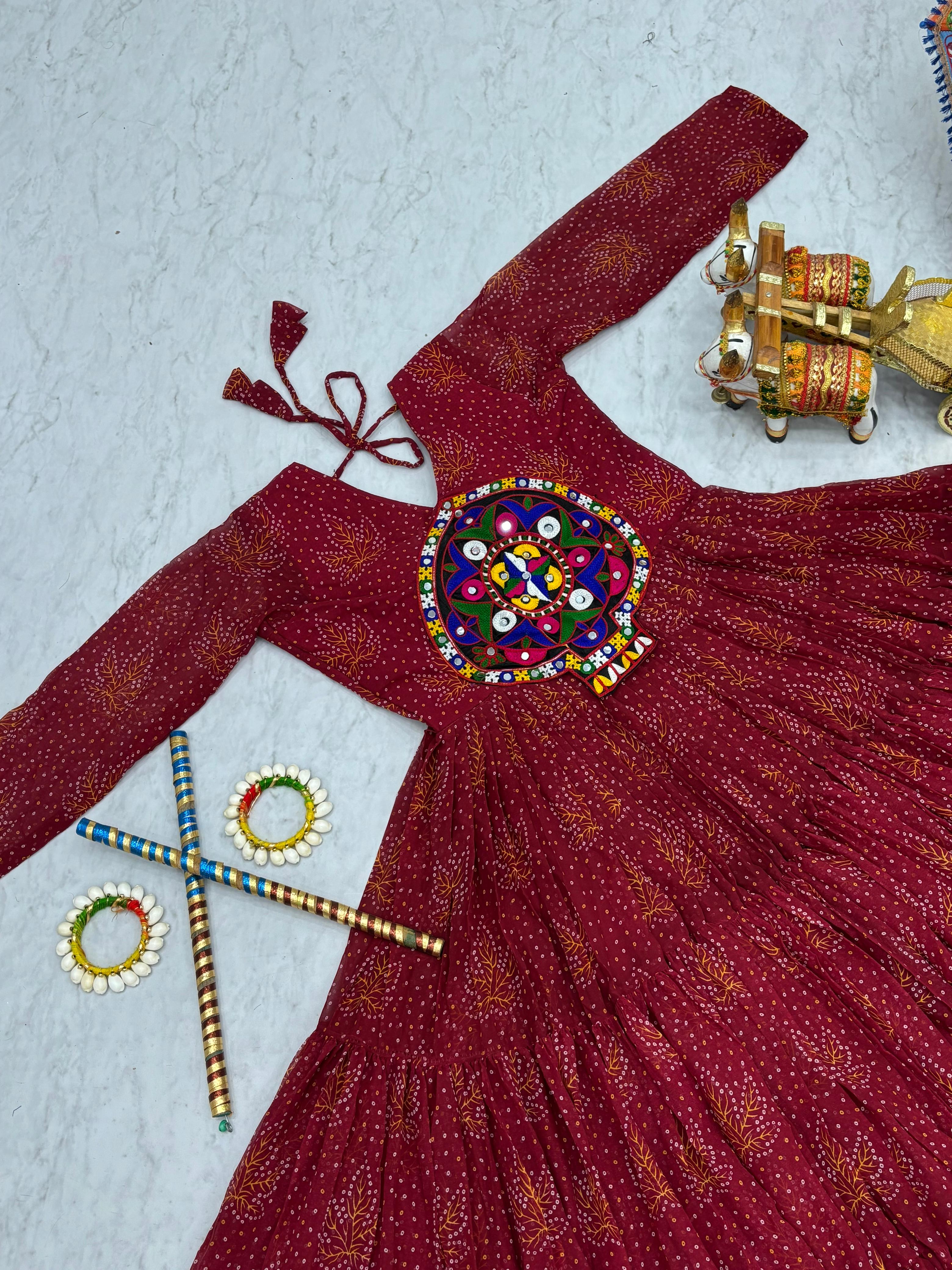 Red Navratri Gown Faux Georgette with Heavy Gamathi Mirror Work Dandiya Nights