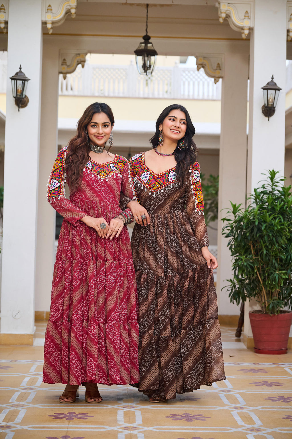 Maroon Georgette Bandhej Printed Kurti with Kachchi Work