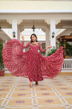 Maroon Georgette Bandhej Printed Kurti with Kachchi Work