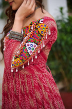Maroon Georgette Bandhej Printed Kurti with Kachchi Work