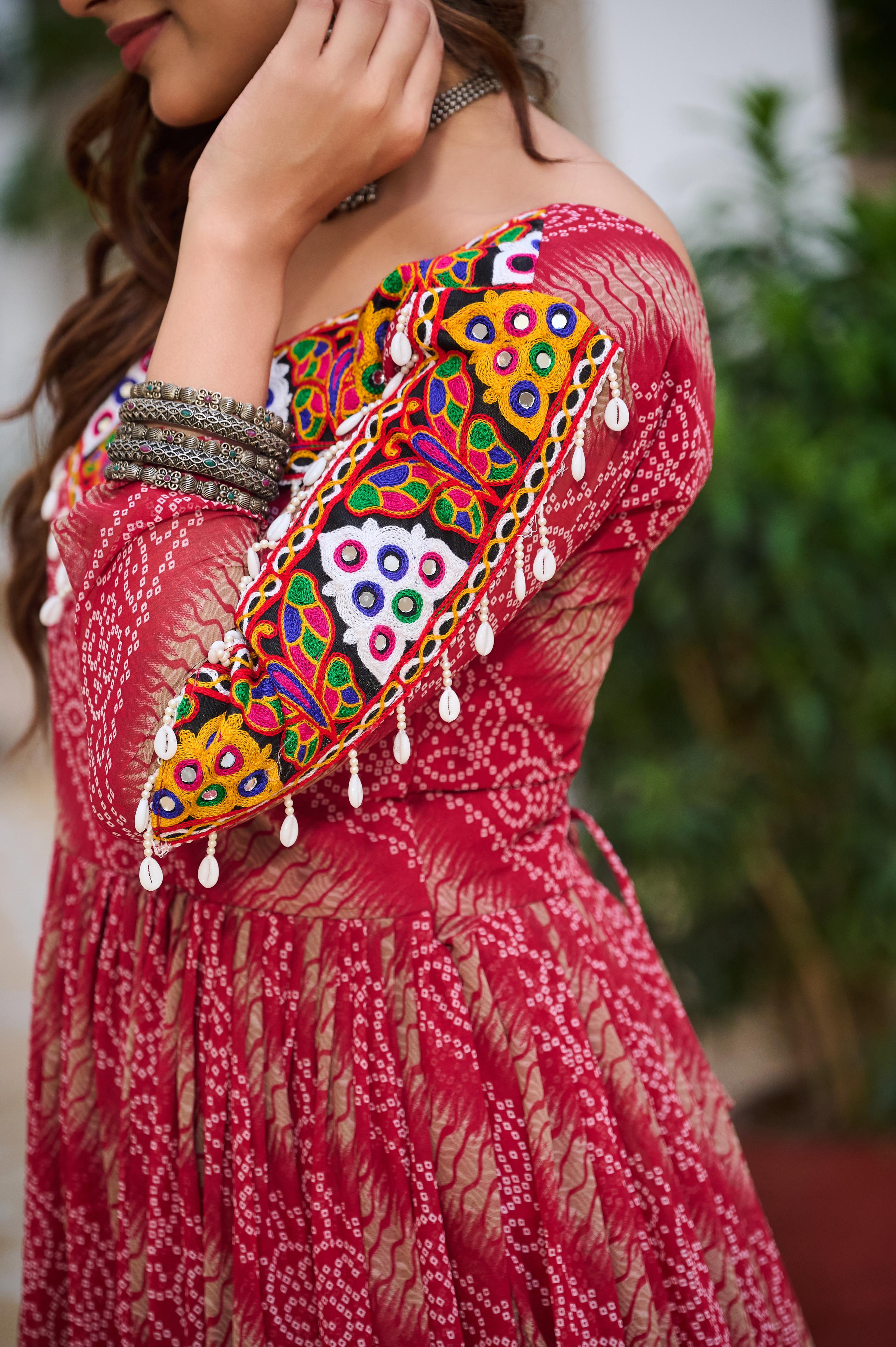 Maroon Georgette Bandhej Printed Kurti with Kachchi Work