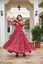 Maroon Georgette Bandhej Printed Kurti with Kachchi Work
