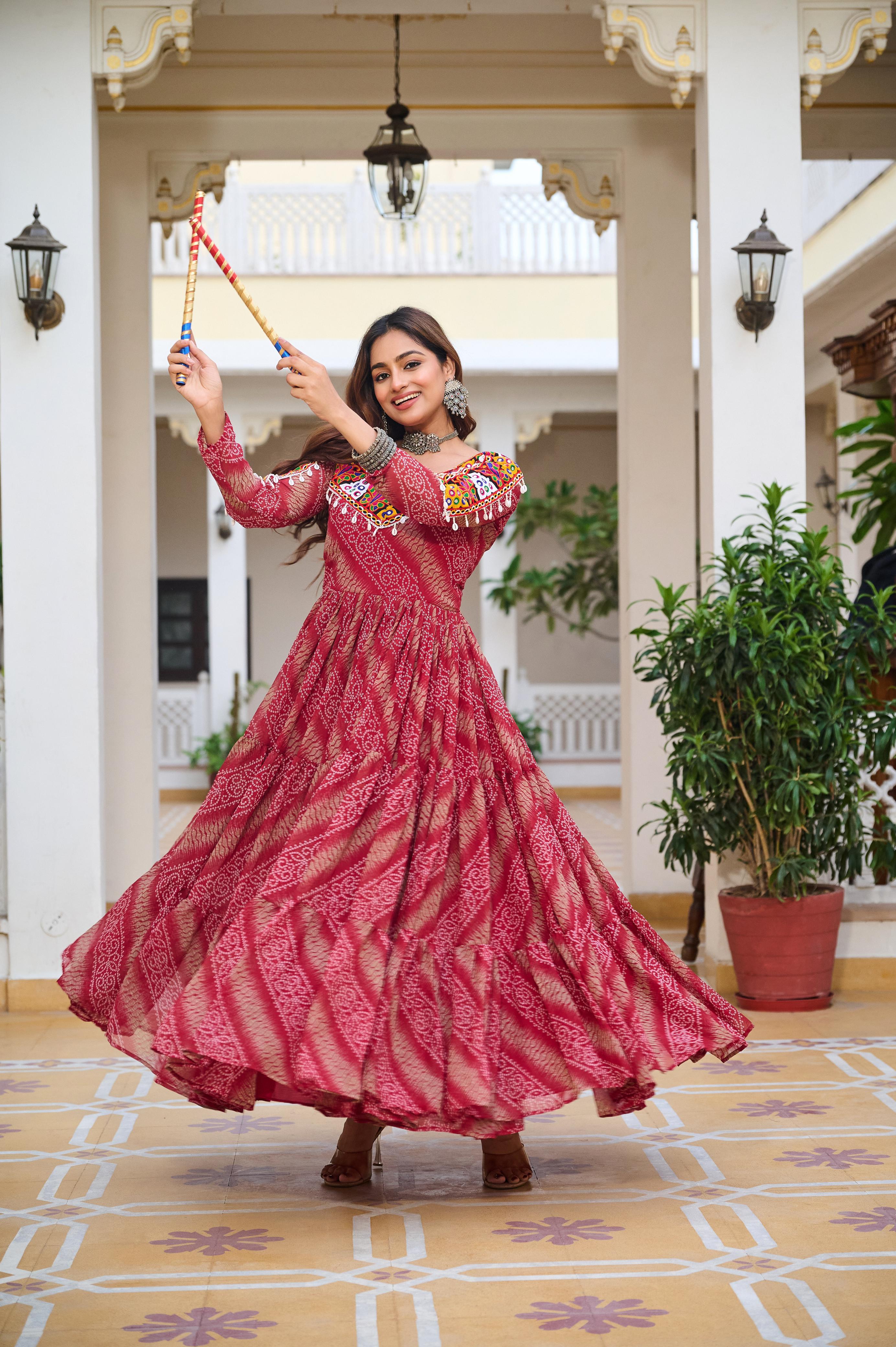 Maroon Georgette Bandhej Printed Kurti with Kachchi Work