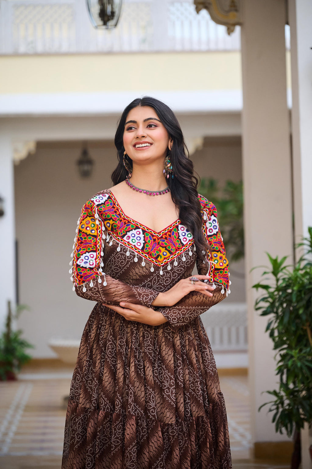 Brown Georgette Bandhej Printed Kurti with Kachchi Work