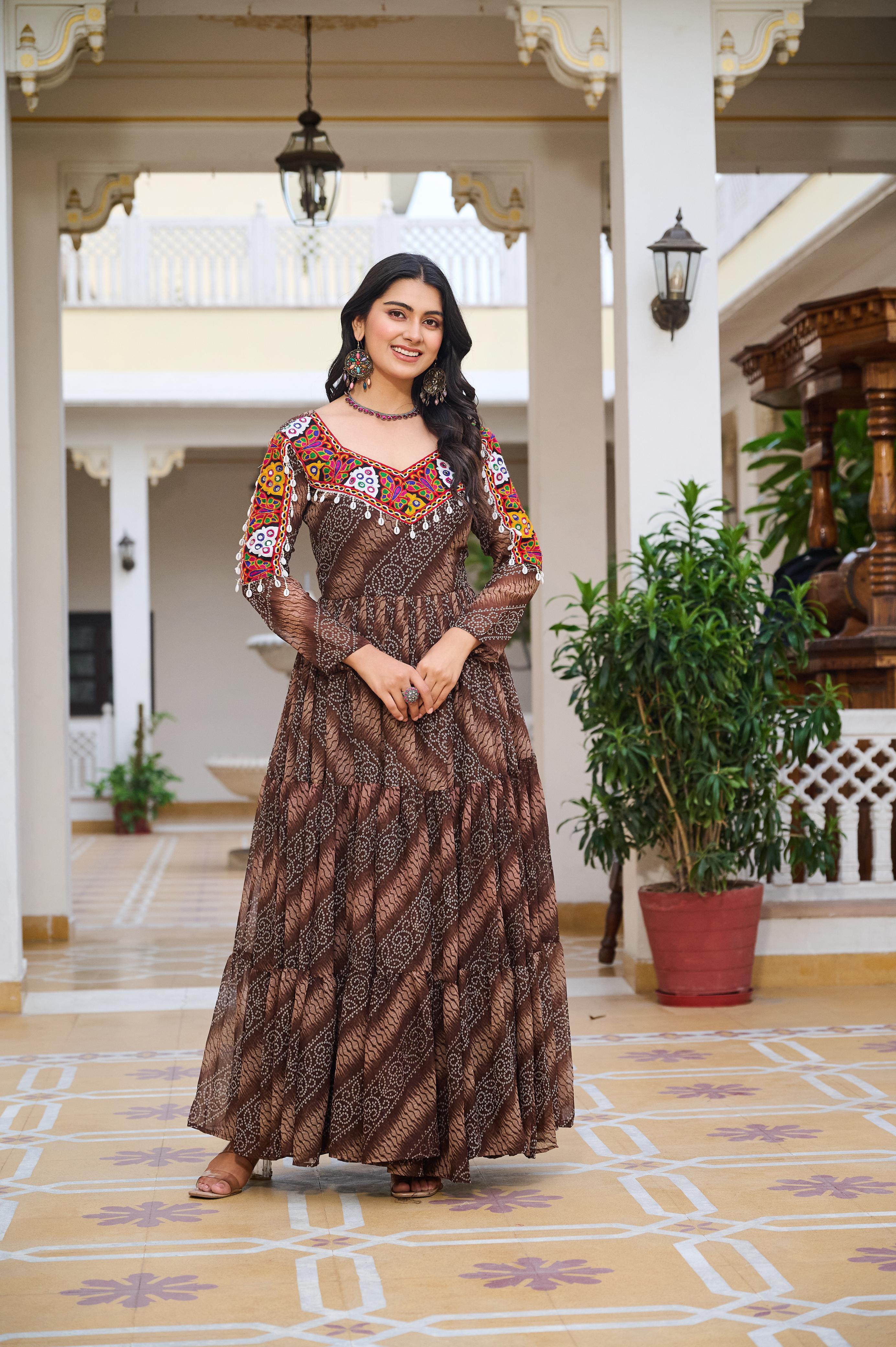 Brown Georgette Bandhej Printed Kurti with Kachchi Work
