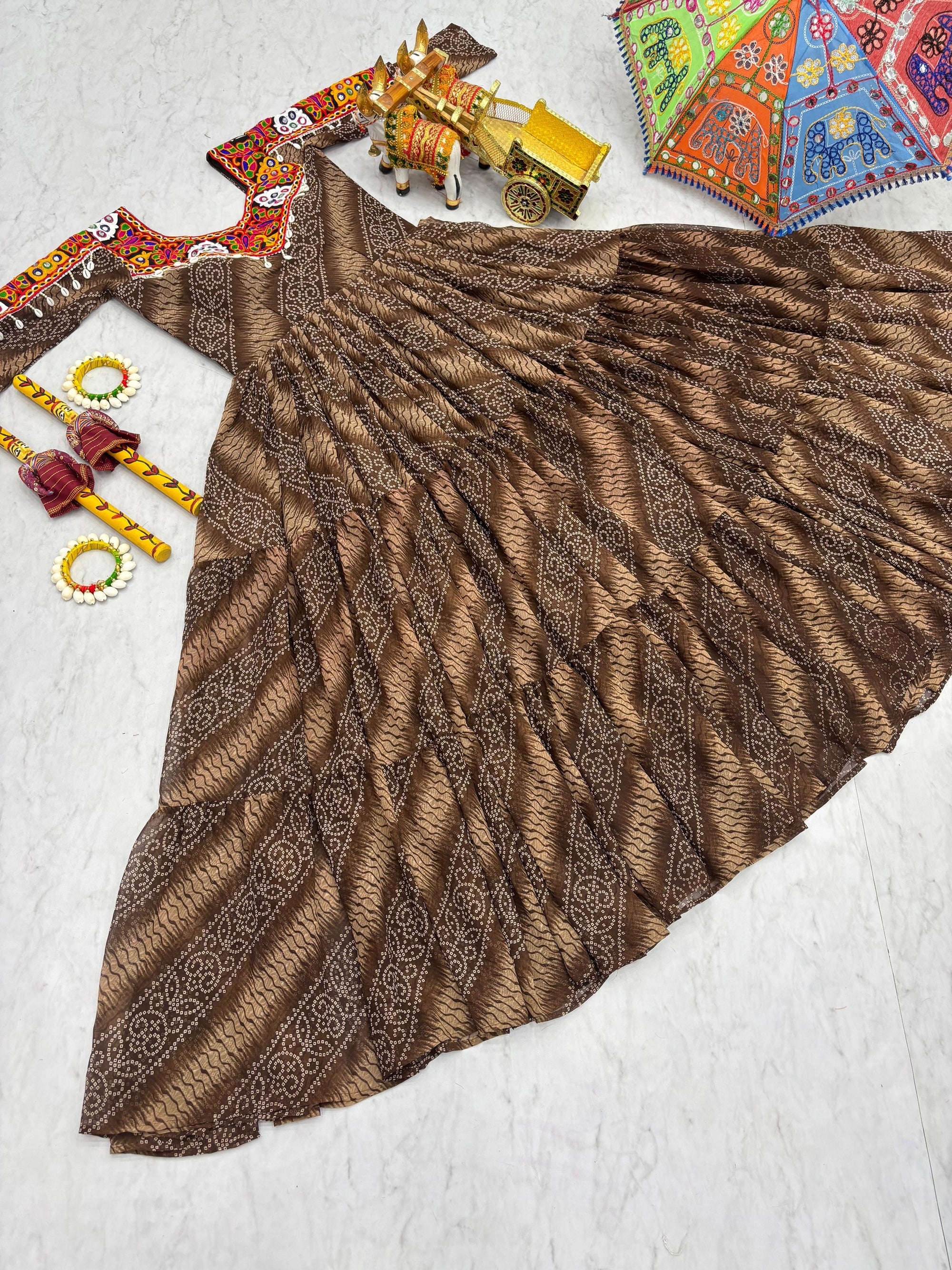 Brown Georgette Bandhej Printed Kurti with Kachchi Work