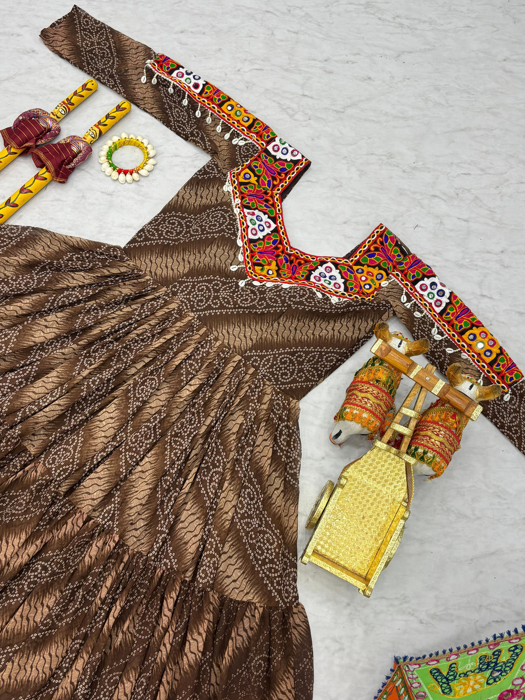 Brown Georgette Bandhej Printed Kurti with Kachchi Work