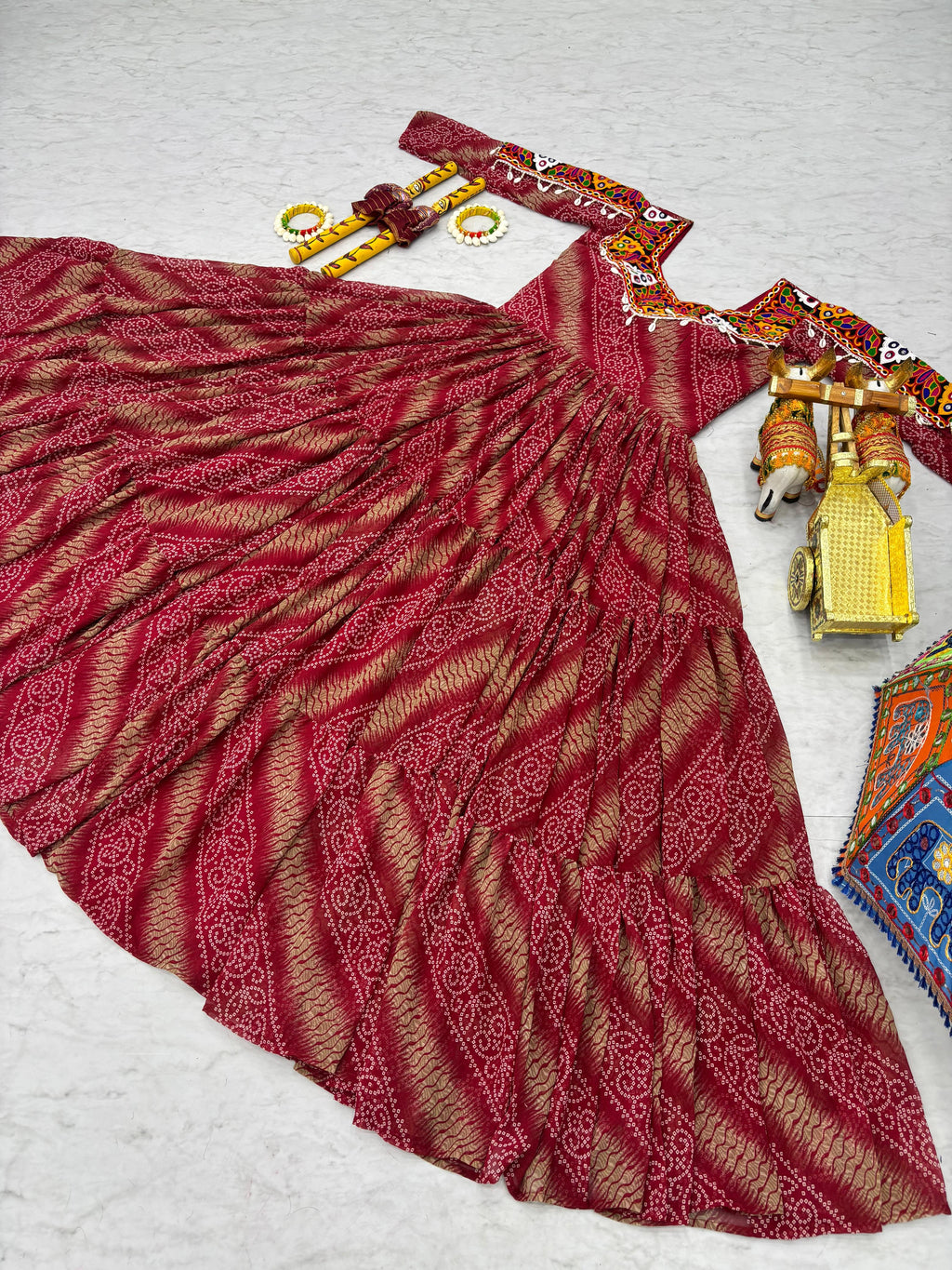 Maroon Georgette Bandhej Printed Kurti with Kachchi Work