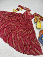 Maroon Georgette Bandhej Printed Kurti with Kachchi Work
