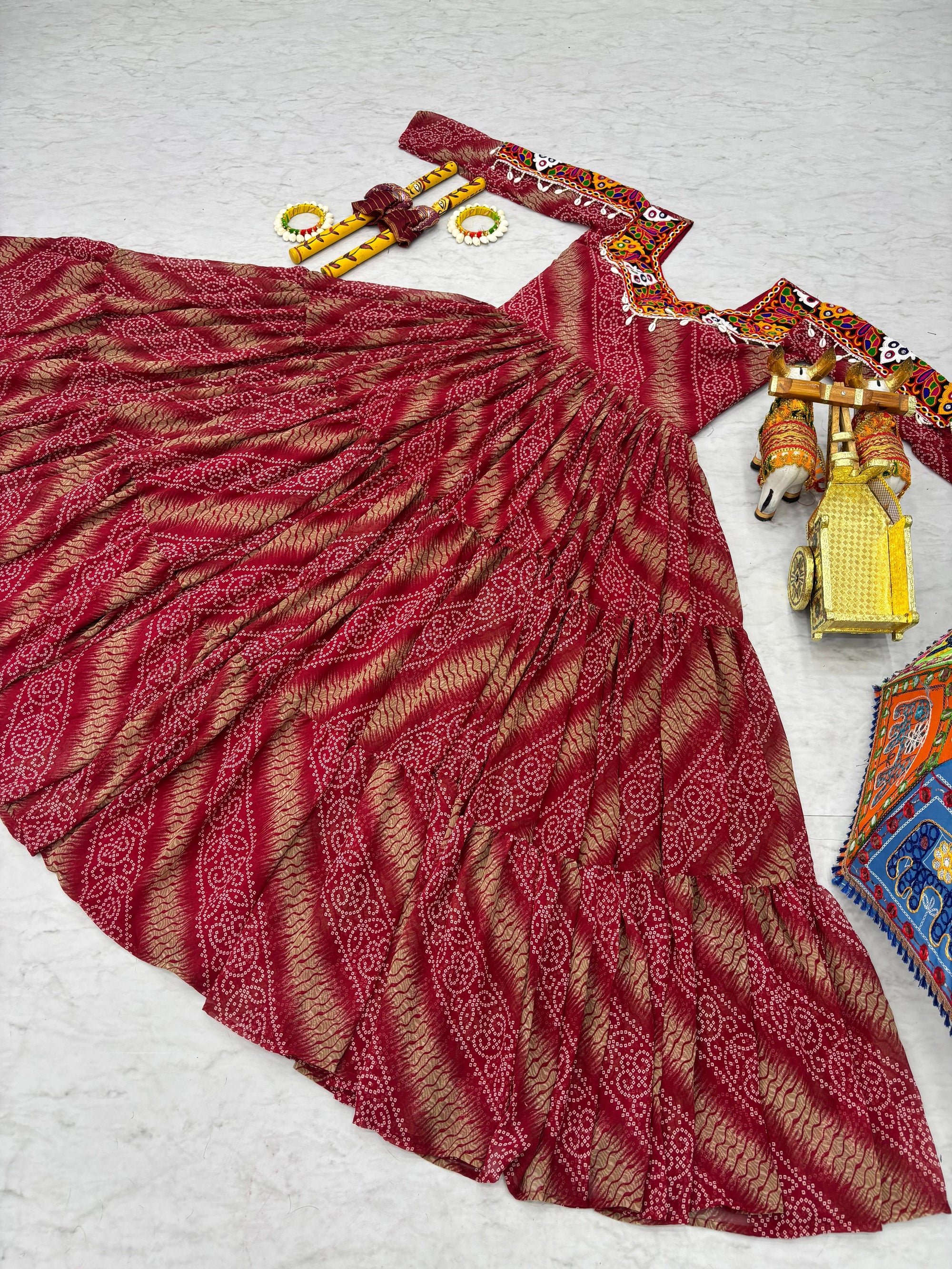 Maroon Georgette Bandhej Printed Kurti with Kachchi Work