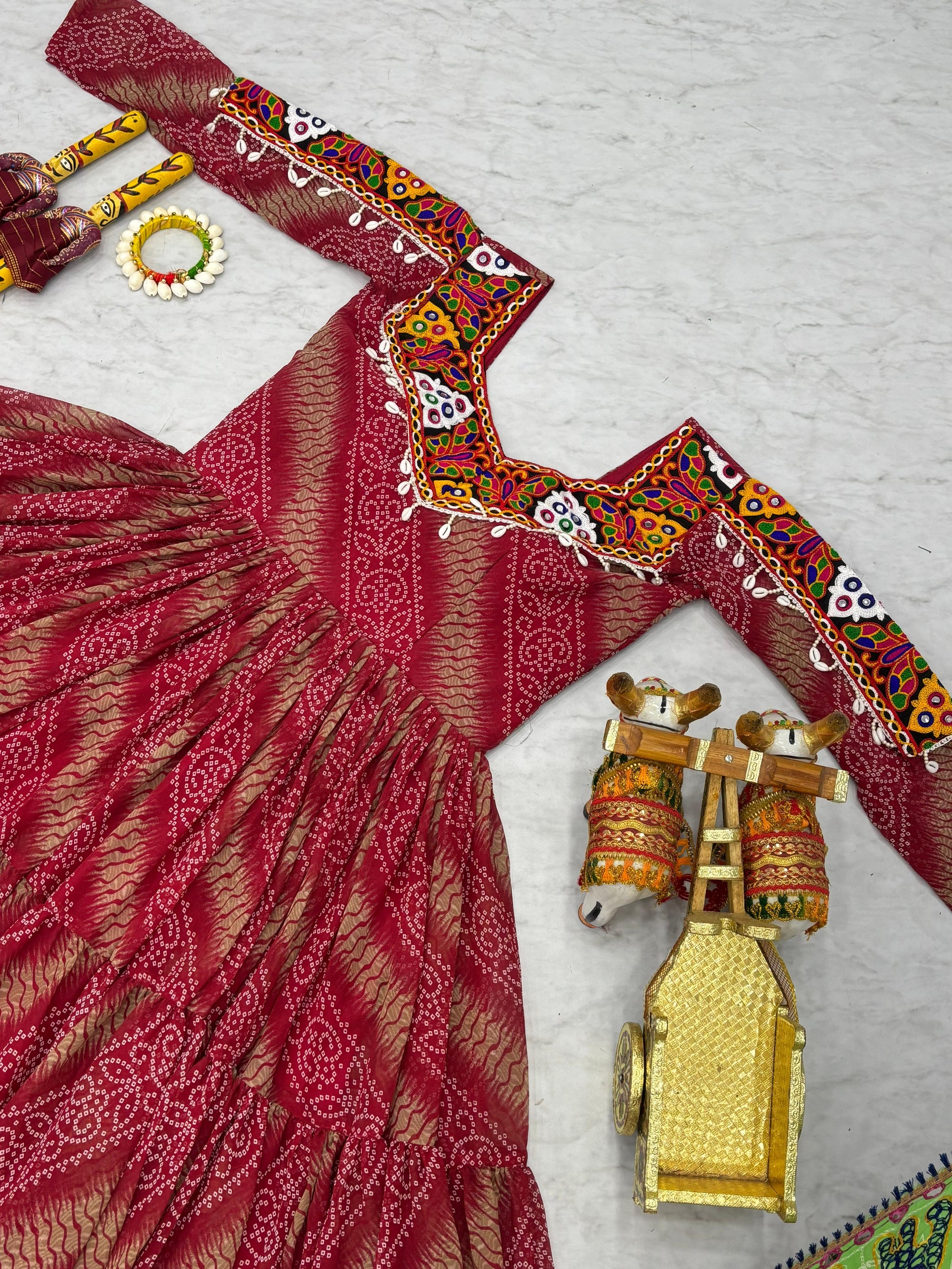 Maroon Georgette Bandhej Printed Kurti with Kachchi Work