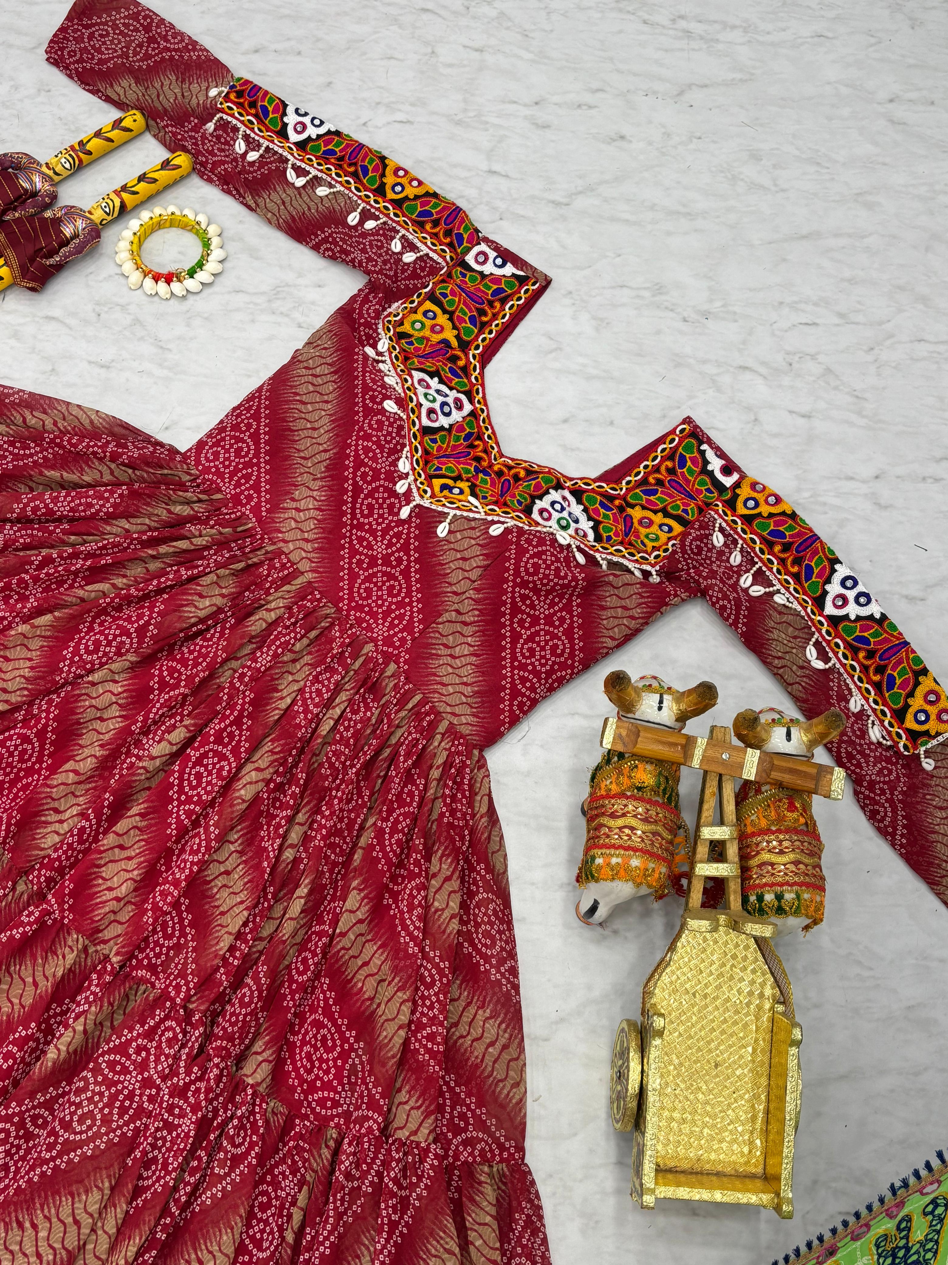 Maroon Georgette Bandhej Printed Kurti with Kachchi Work