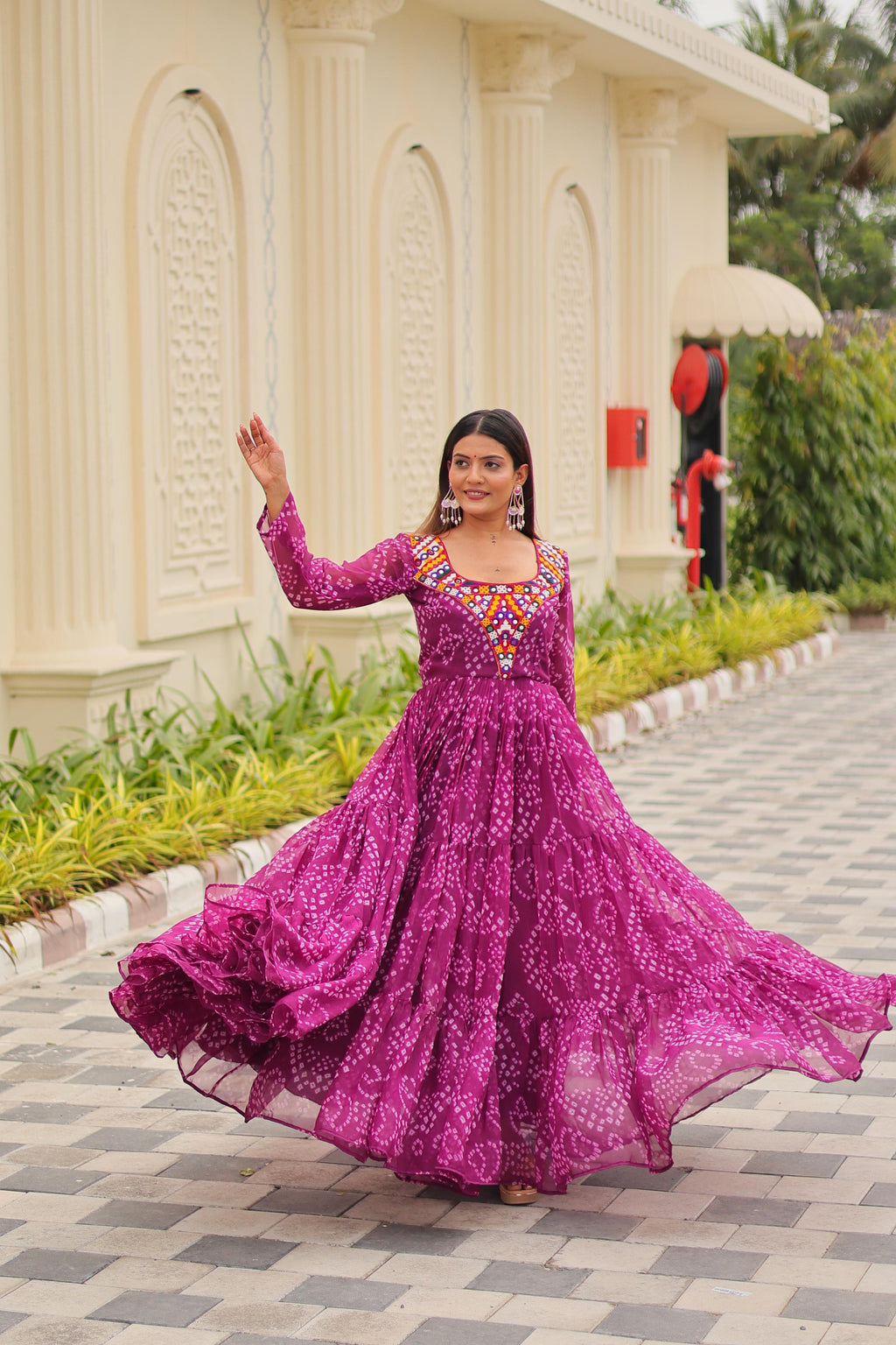 Navratri Special Georgette Tiered Gown in Purple