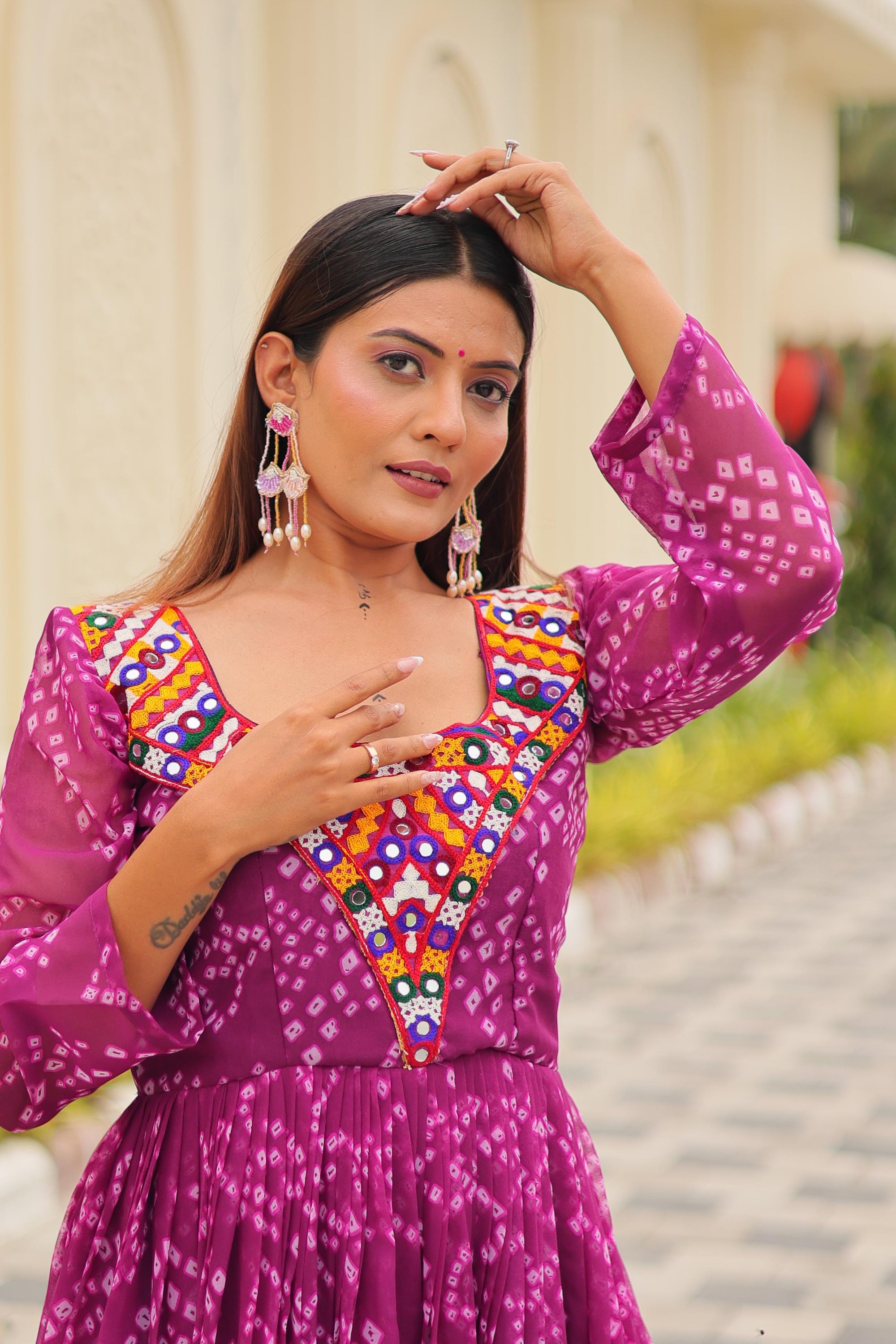 Navratri Special Georgette Tiered Gown in Purple