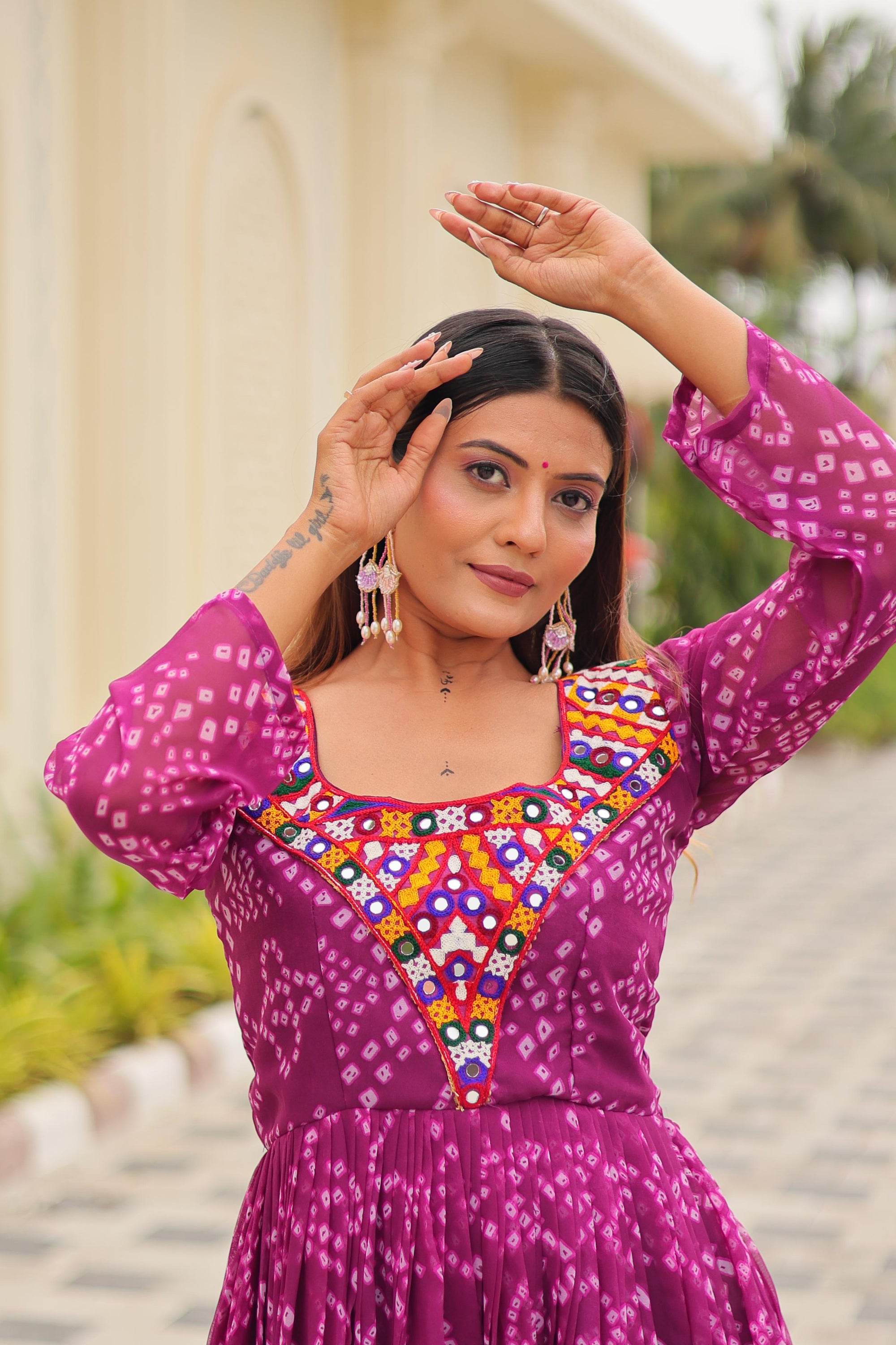 Navratri Special Georgette Tiered Gown in Purple