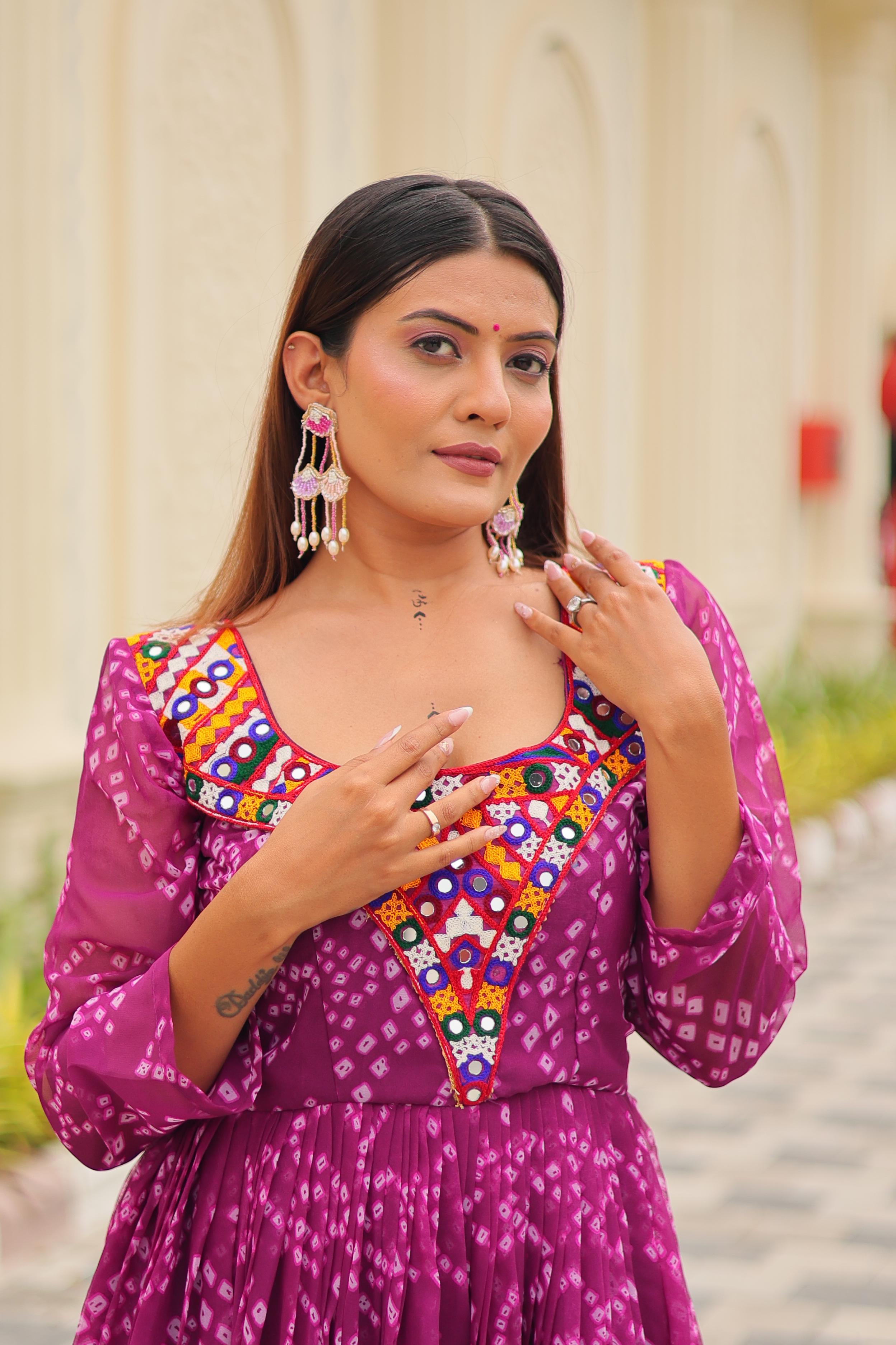 Navratri Special Georgette Tiered Gown in Purple