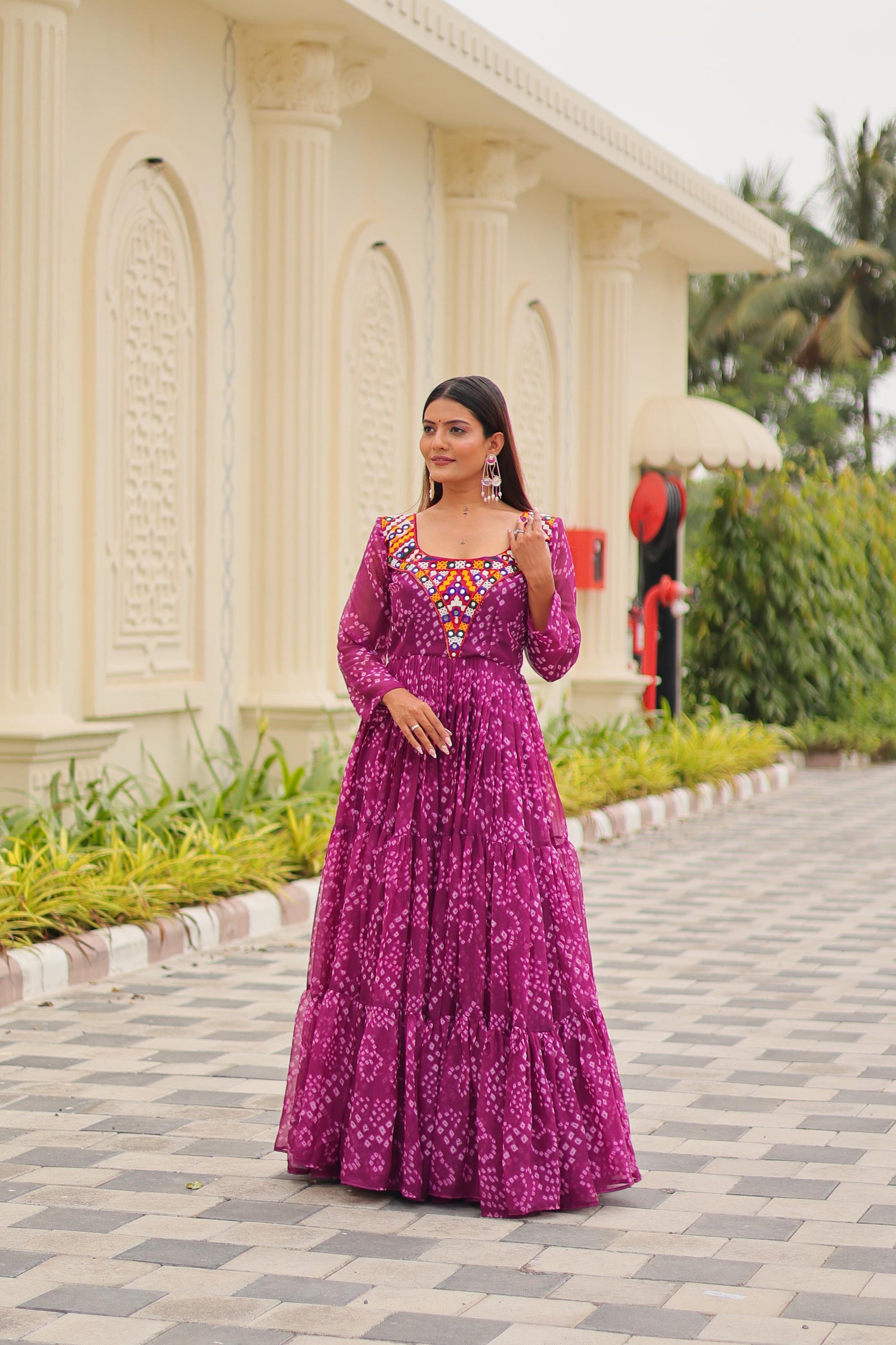 Navratri Special Georgette Tiered Gown in Purple