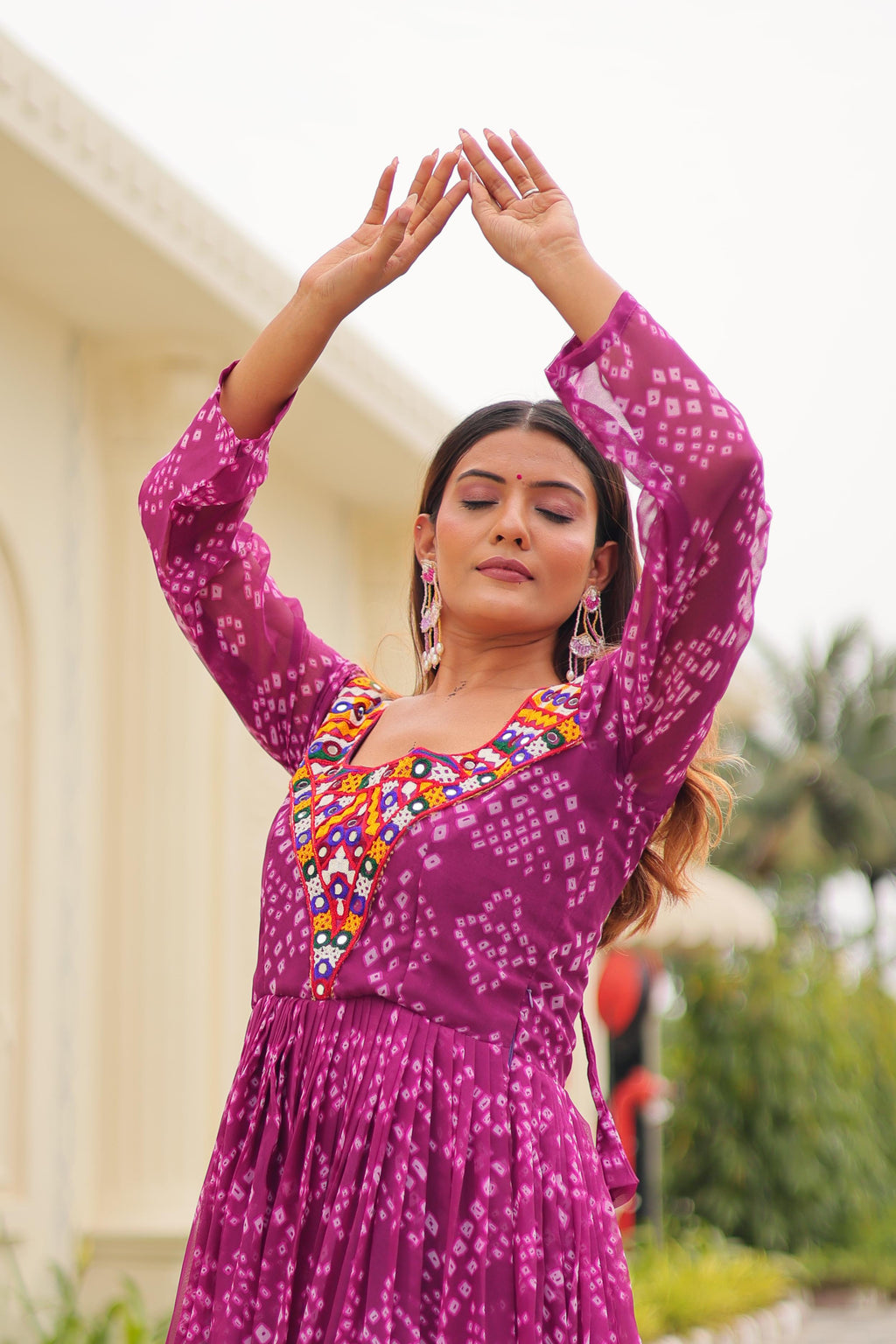 Navratri Special Georgette Tiered Gown in Purple