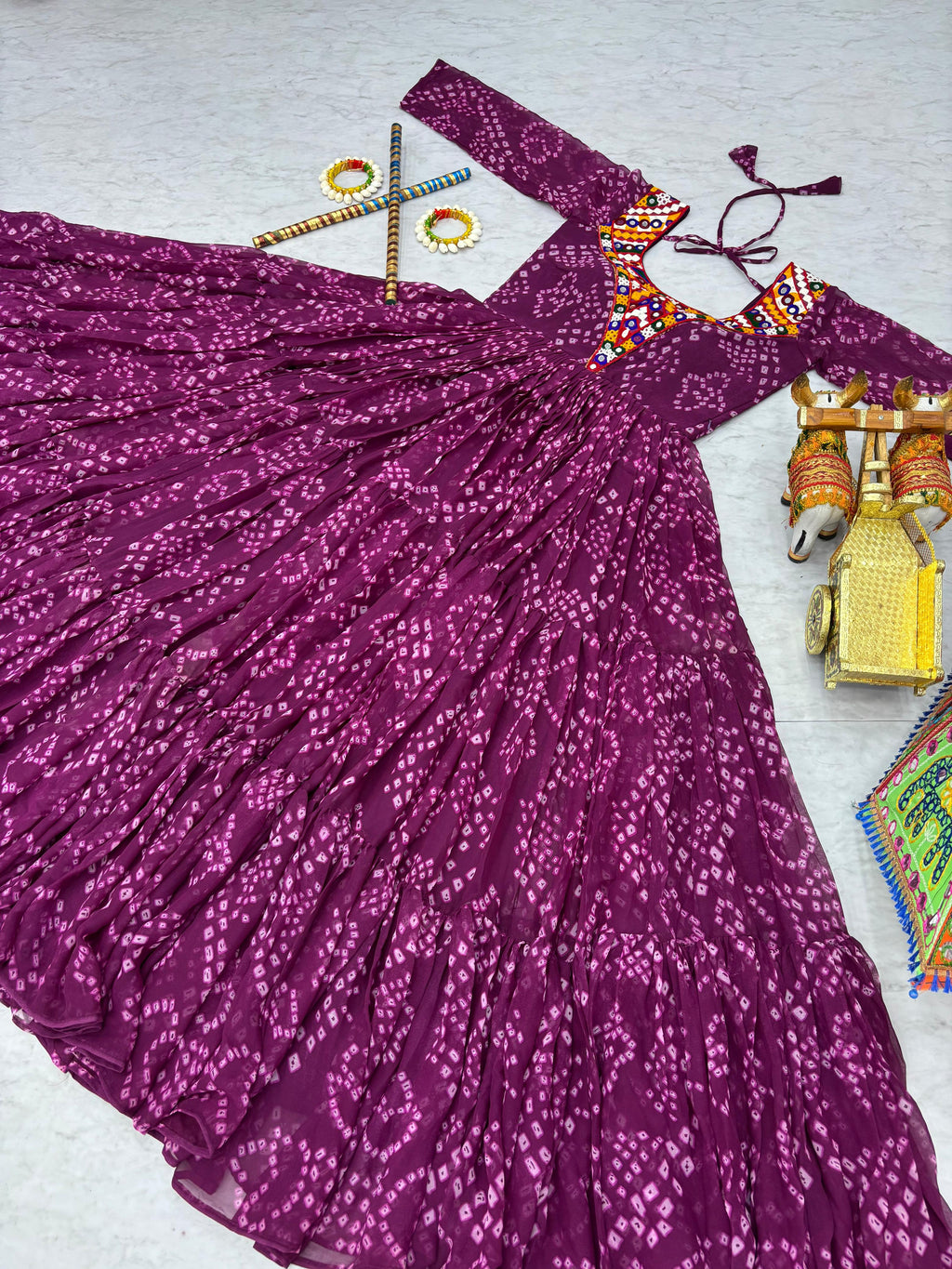Navratri Special Georgette Tiered Gown in Purple