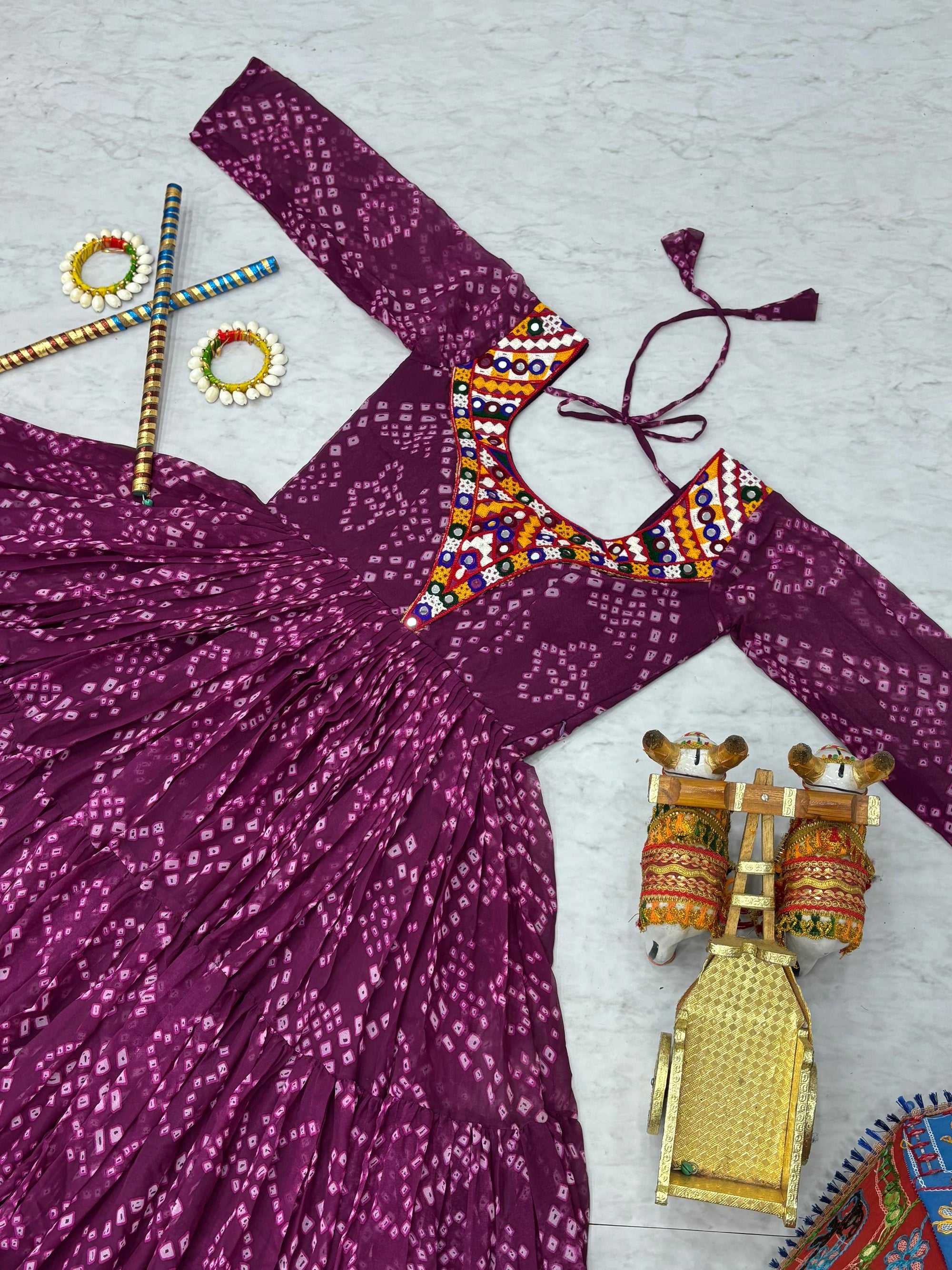 Navratri Special Georgette Tiered Gown in Purple