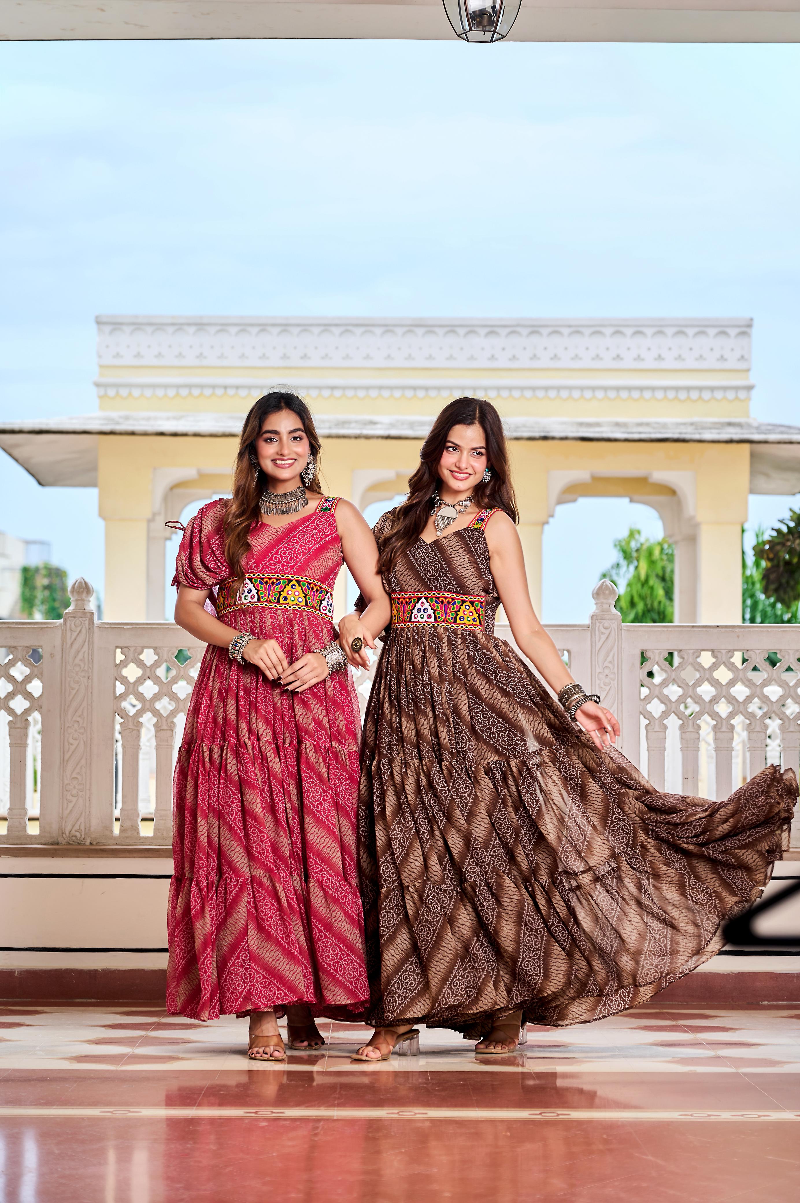 Maroon Navratri Dress With Big Flair Bandhani Print and Gamathi Real Mirror