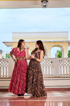 Coffee Navratri Dress With Big Flair Bandhani Print and Gamathi Real Mirror