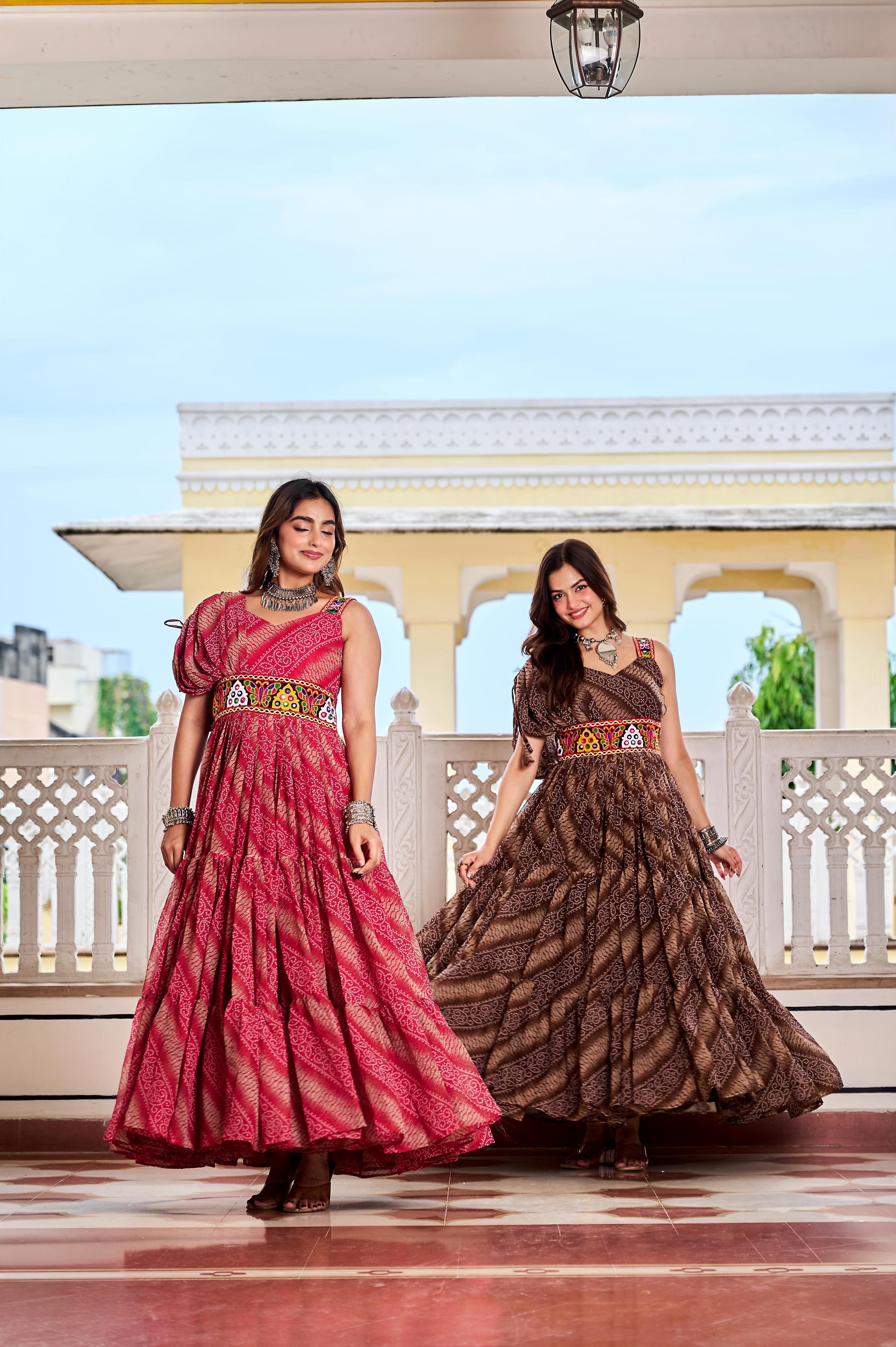 Coffee Navratri Dress With Big Flair Bandhani Print and Gamathi Real Mirror