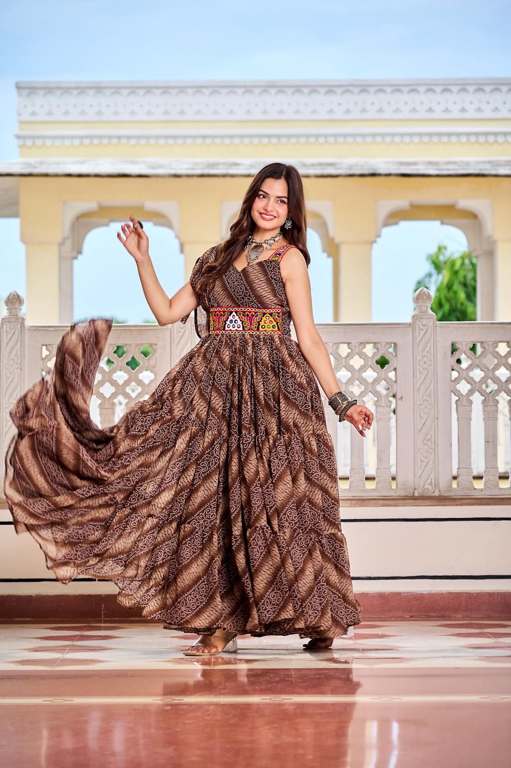 Coffee Navratri Dress With Big Flair Bandhani Print and Gamathi Real Mirror
