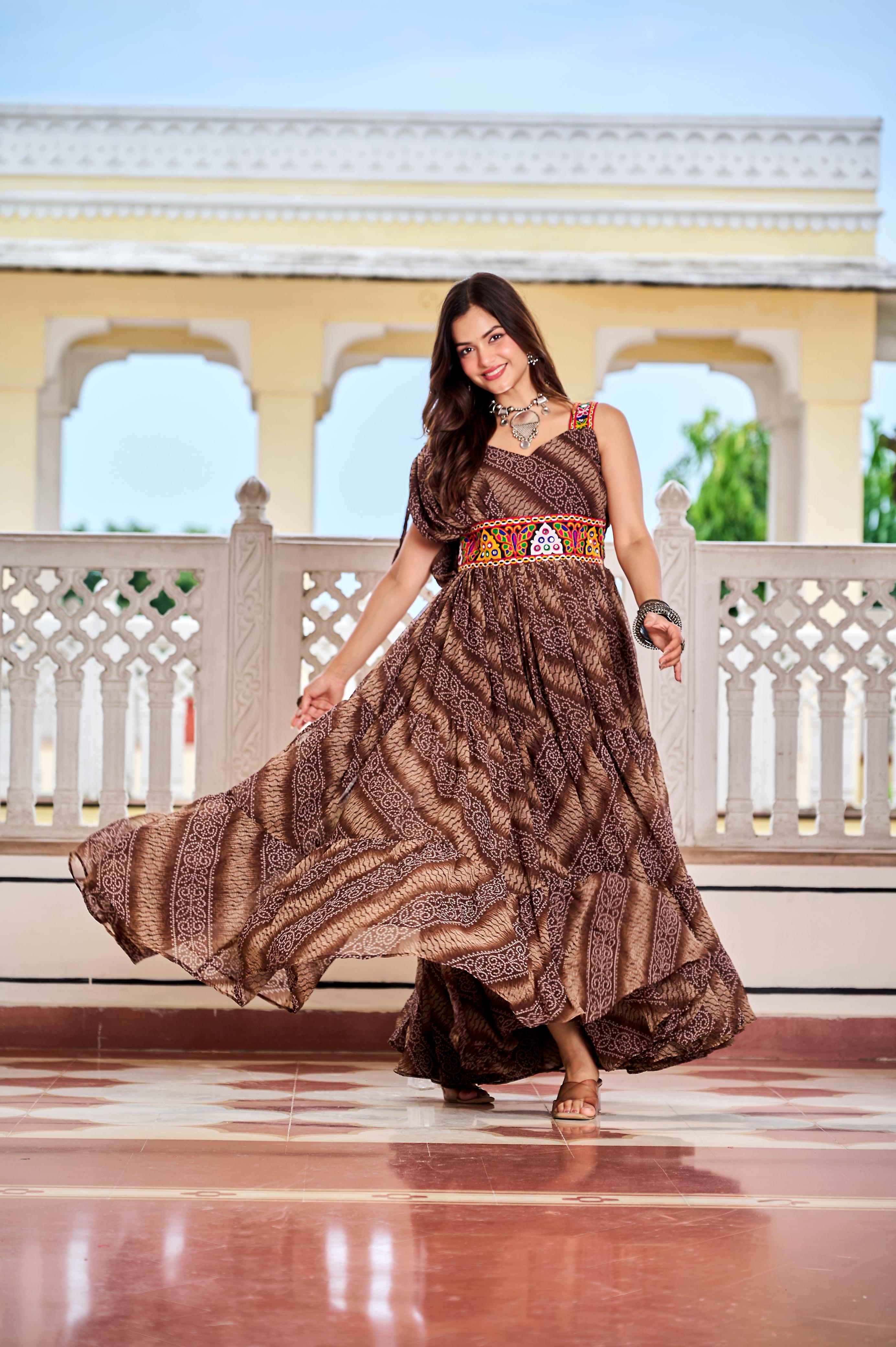 Coffee Navratri Dress With Big Flair Bandhani Print and Gamathi Real Mirror