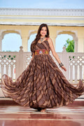 Coffee Navratri Dress With Big Flair Bandhani Print and Gamathi Real Mirror