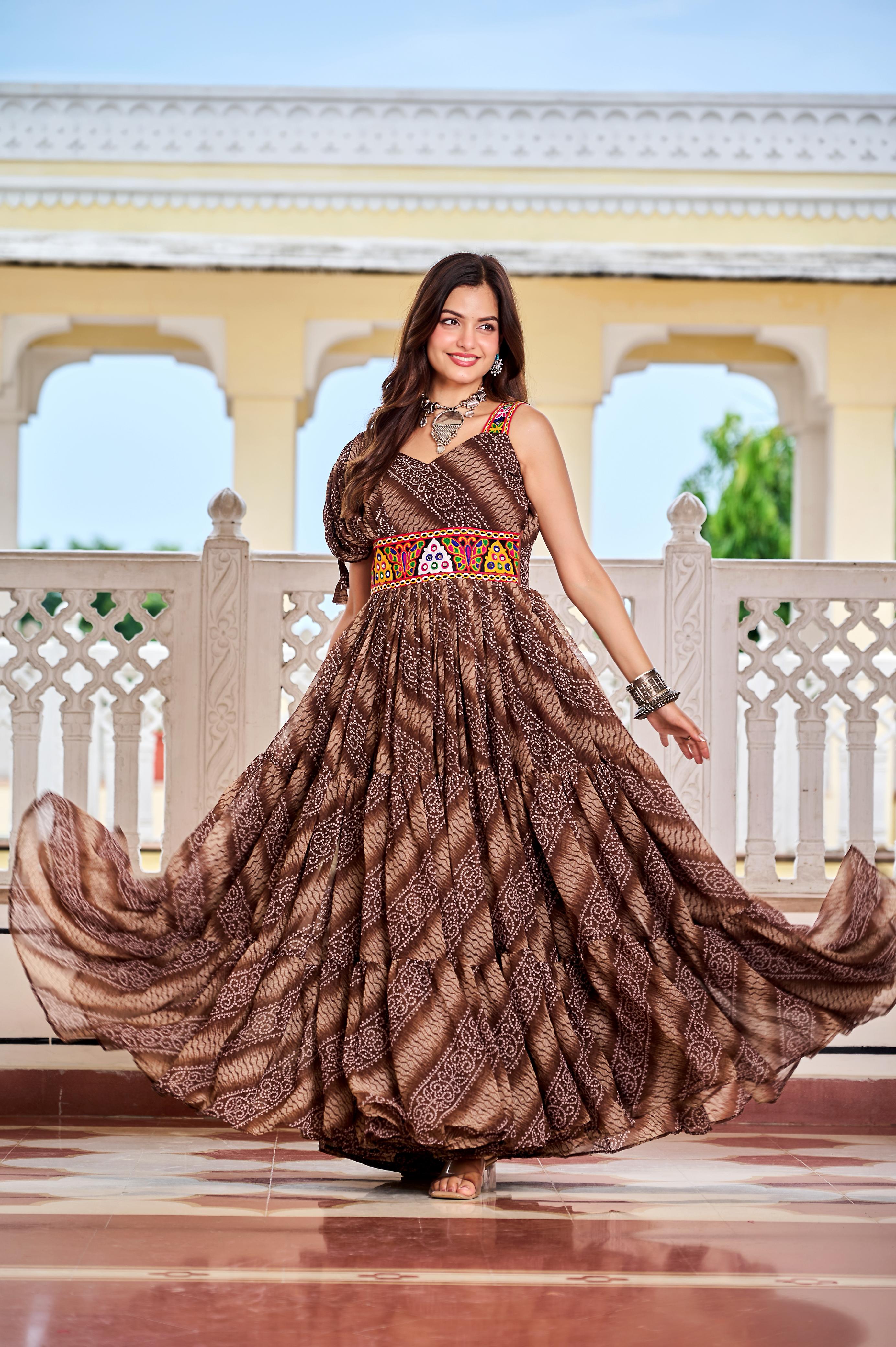 Coffee Navratri Dress With Big Flair Bandhani Print and Gamathi Real Mirror
