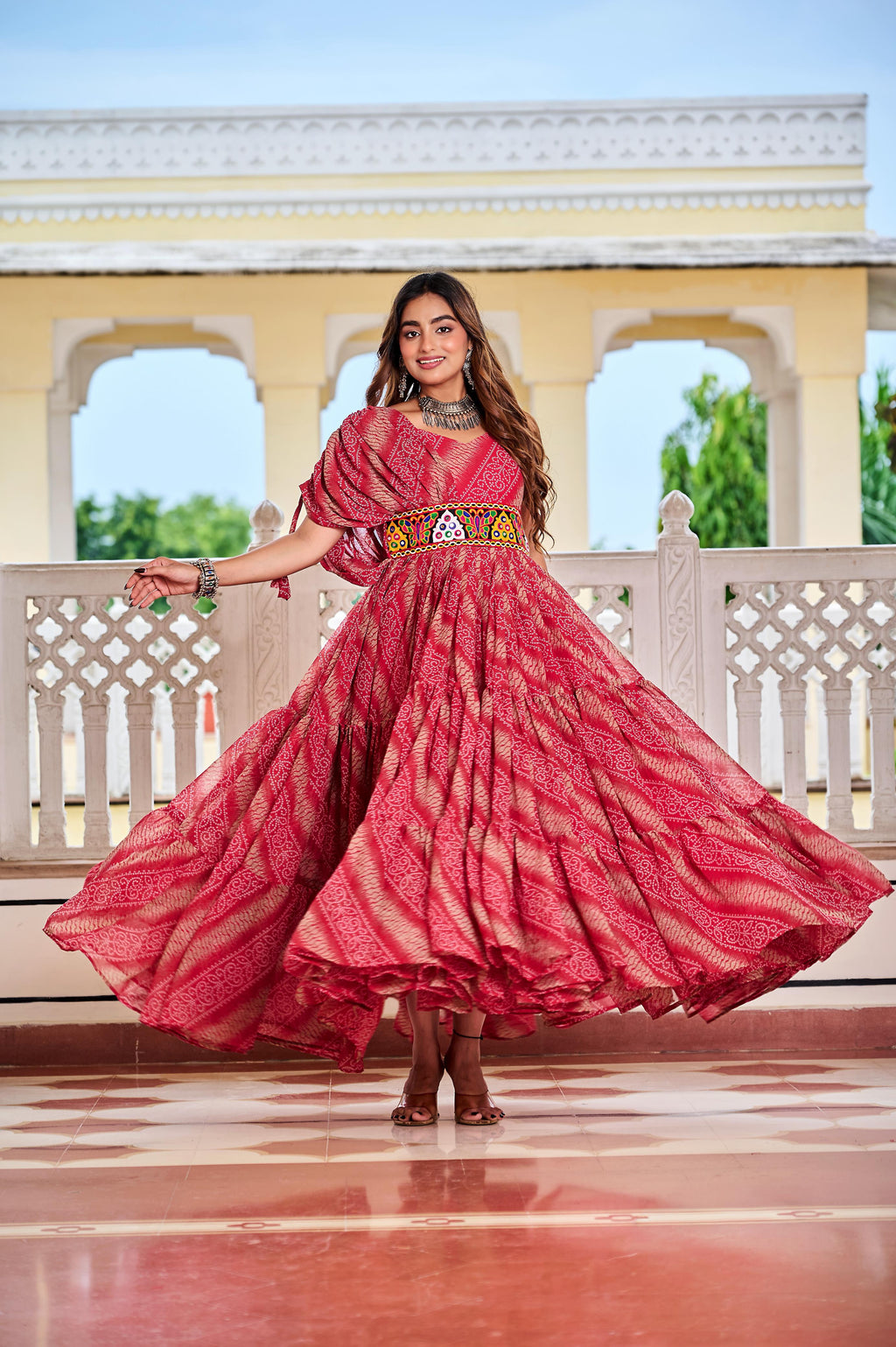 Maroon Navratri Dress With Big Flair Bandhani Print and Gamathi Real Mirror