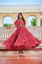 Maroon Navratri Dress With Big Flair Bandhani Print and Gamathi Real Mirror