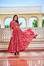 Maroon Navratri Dress With Big Flair Bandhani Print and Gamathi Real Mirror